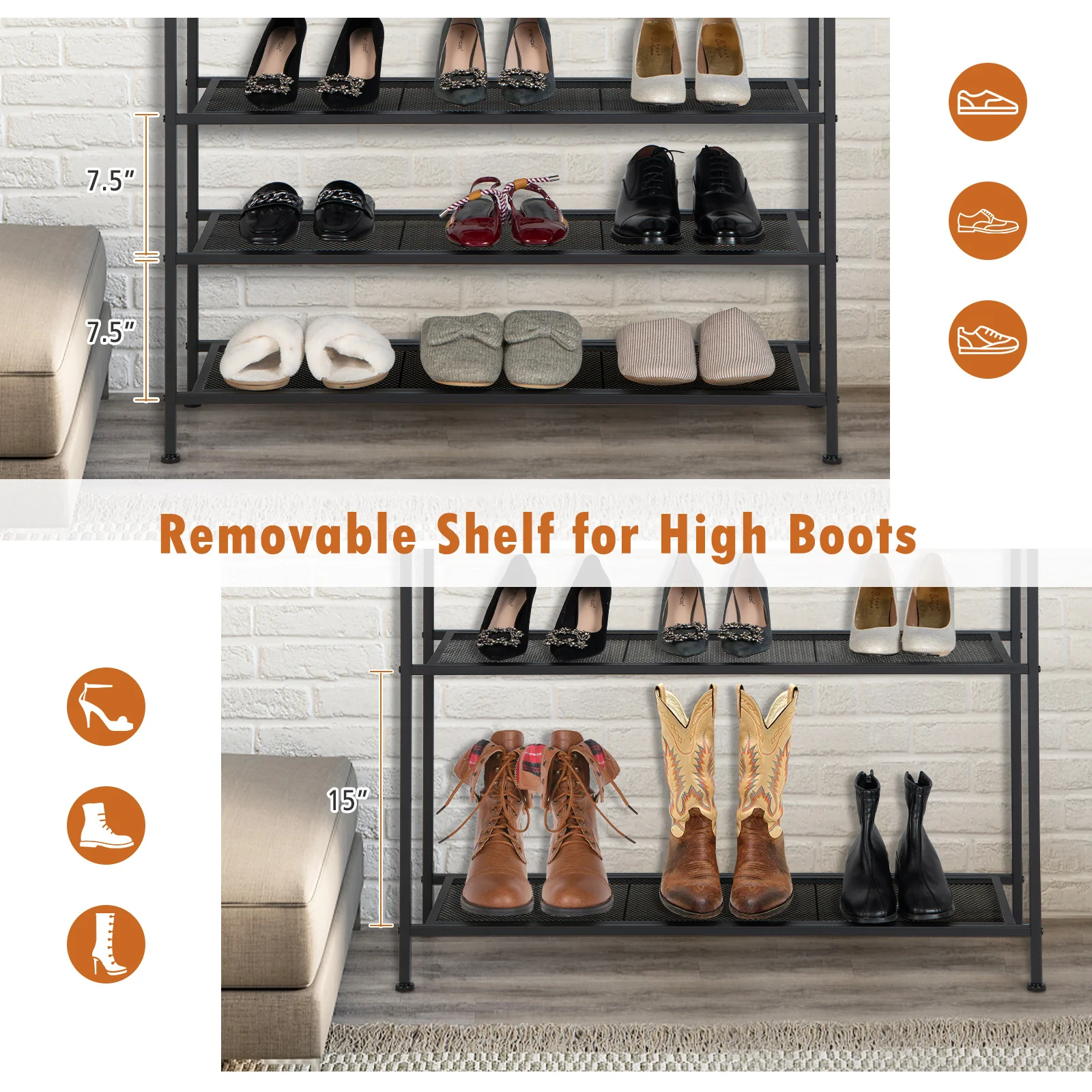 Industrial 5-Tier Metal Shoe Rack, 4 Shelves For 16-20 Pairs, Rustic Brown - Image 9
