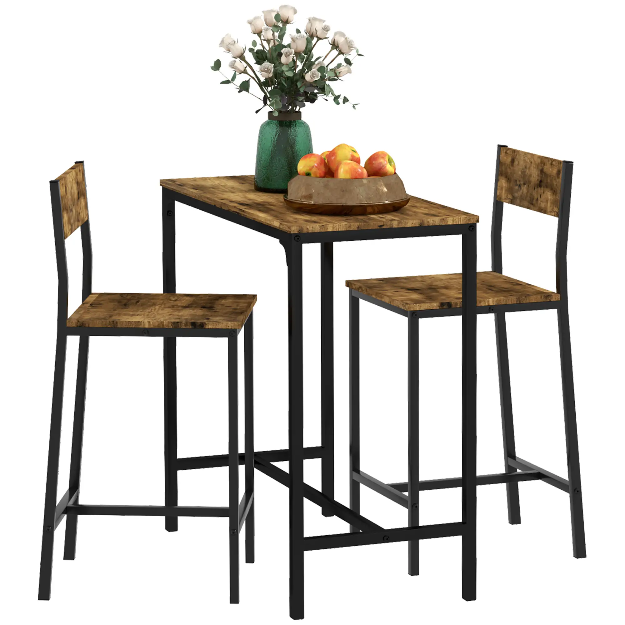 Industrial Bar Table Set, 3 Piece, 2 High Back Stools, Rustic Brown - Image 11