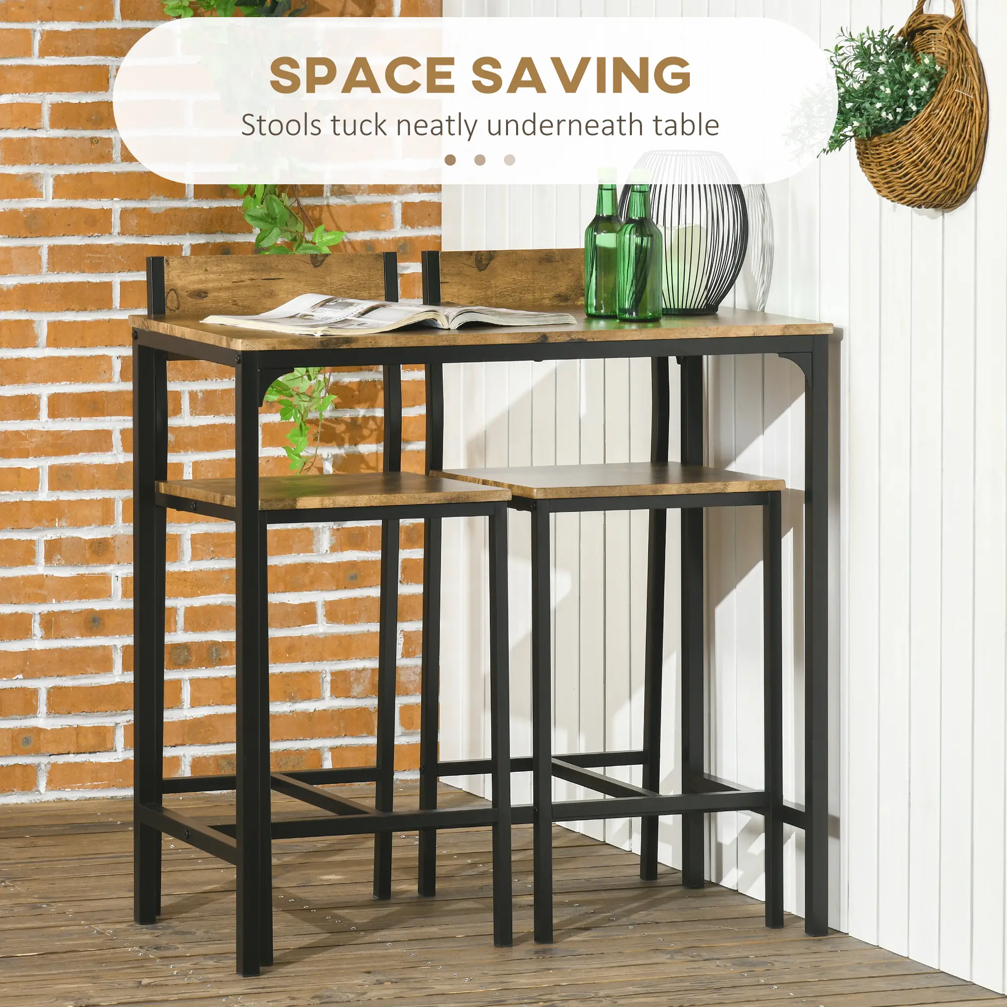 Industrial Bar Table Set, 3 Piece, 2 High Back Stools, Rustic Brown - Image 4