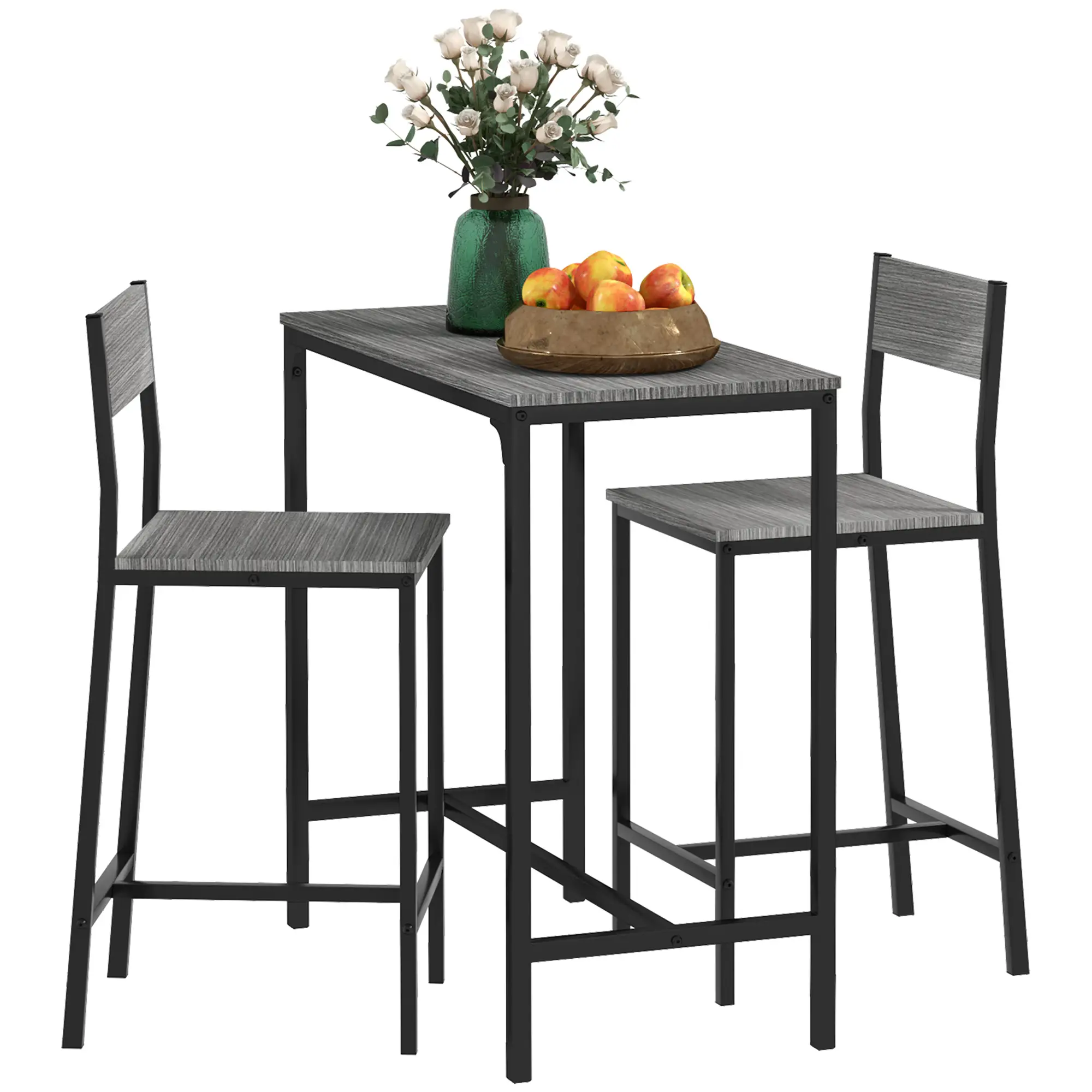 Industrial Bar Table Set, 3 Piece Counter Height, 2 High Back Stools, Grey - Image 11