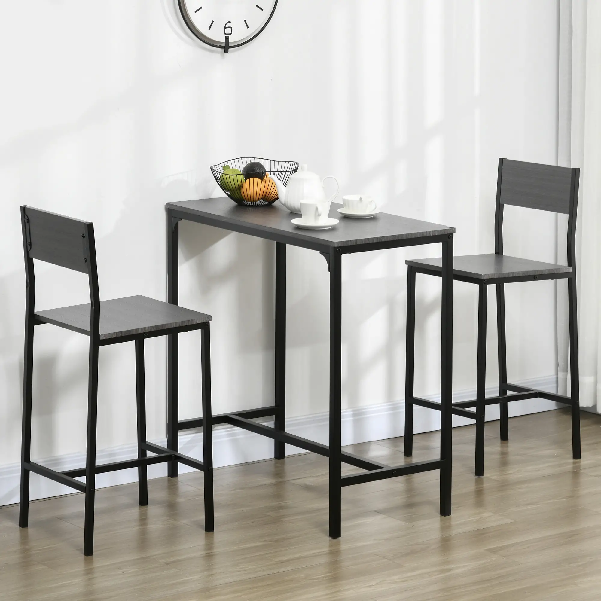 Industrial Bar Table Set, 3 Piece Counter Height, 2 High Back Stools, Grey - Image 2