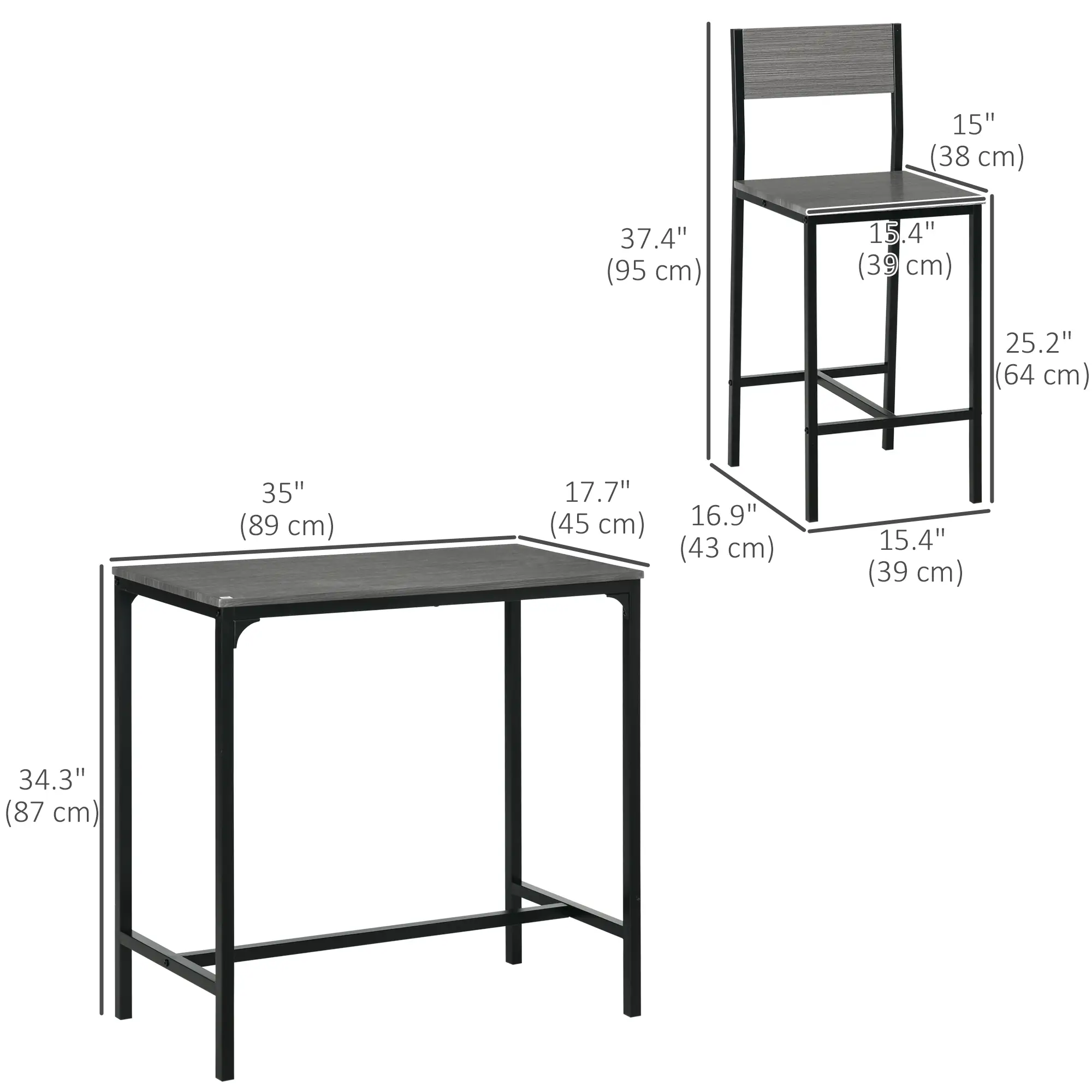 Industrial Bar Table Set, 3 Piece Counter Height, 2 High Back Stools, Grey - Image 3