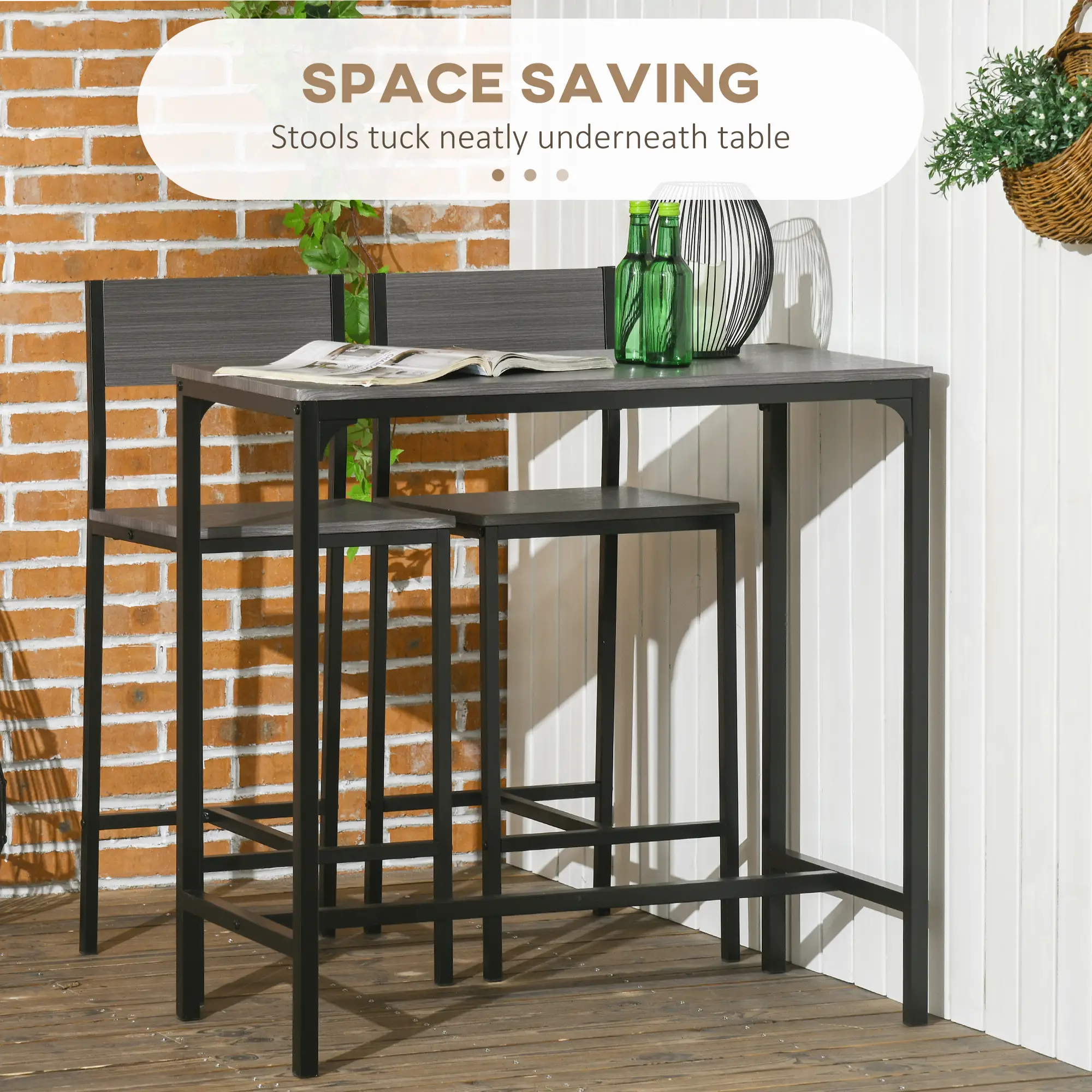 Industrial Bar Table Set, 3 Piece Counter Height, 2 High Back Stools, Grey - Image 4