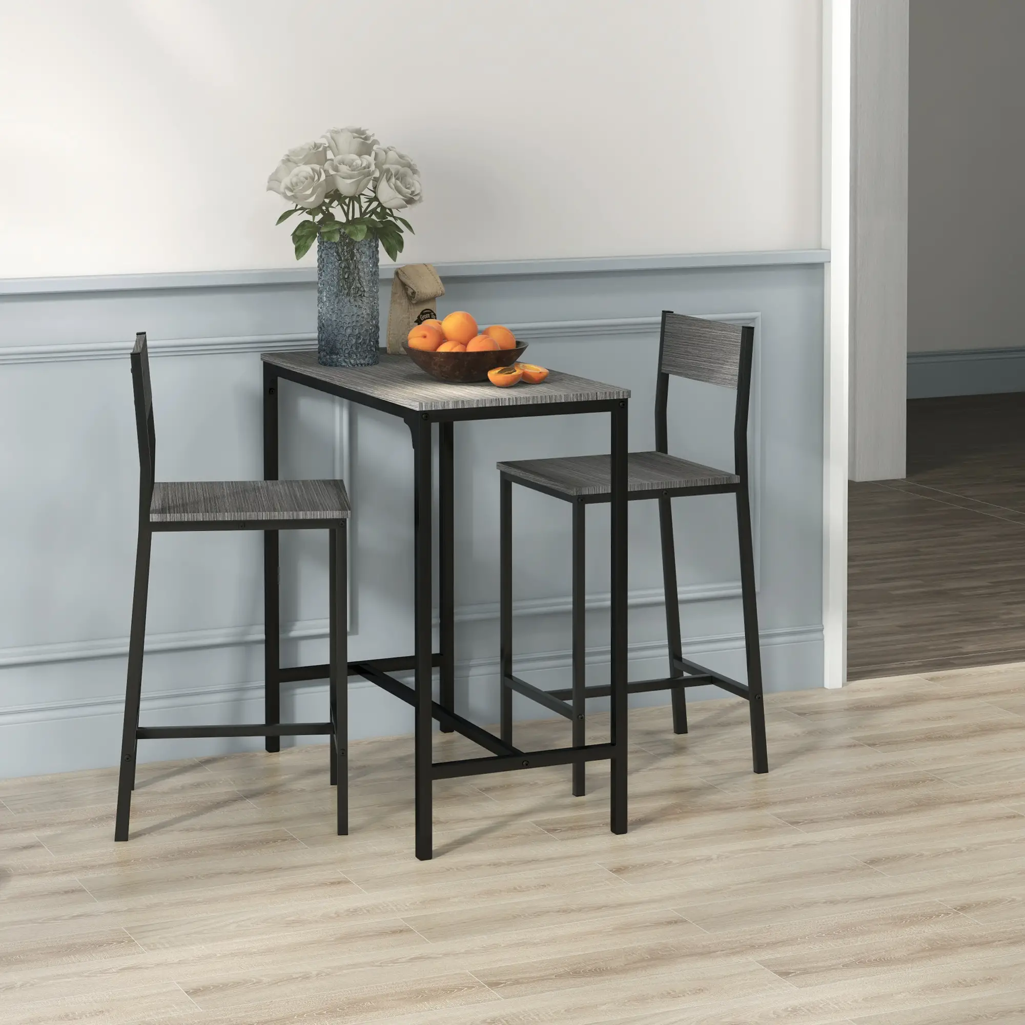 Industrial Bar Table Set, 3 Piece Counter Height, 2 High Back Stools, Grey - Image 6
