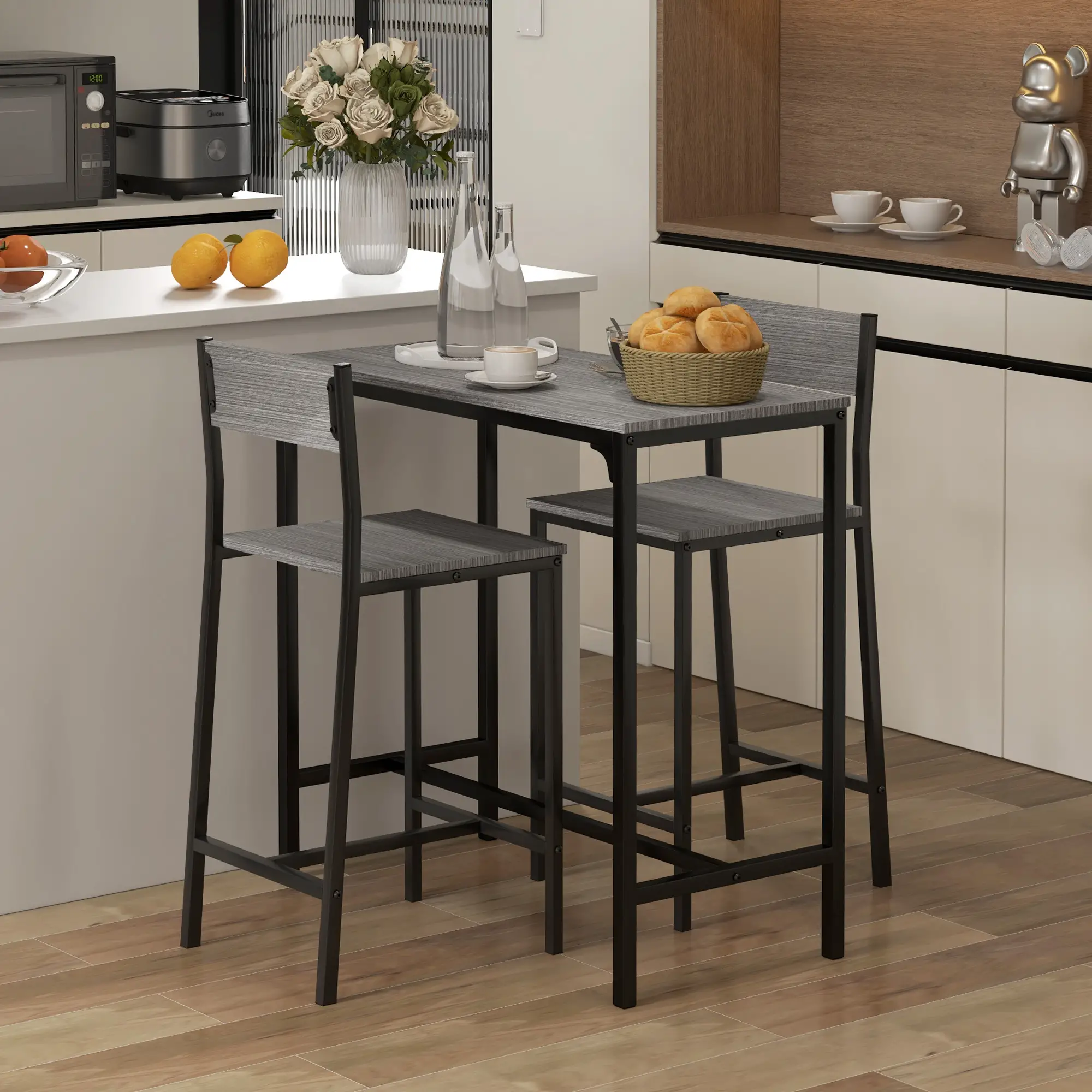 Industrial Bar Table Set, 3 Piece Counter Height, 2 High Back Stools, Grey - Image 8