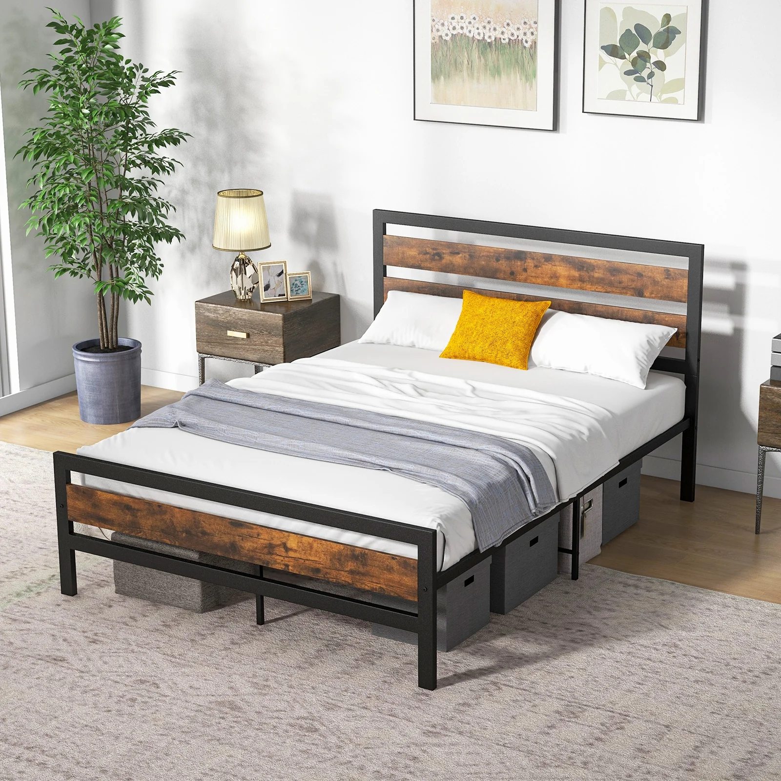 Industrial Bed Frame, Full Queen Size, Rustic Headboard Footboard, Brown - Image 2