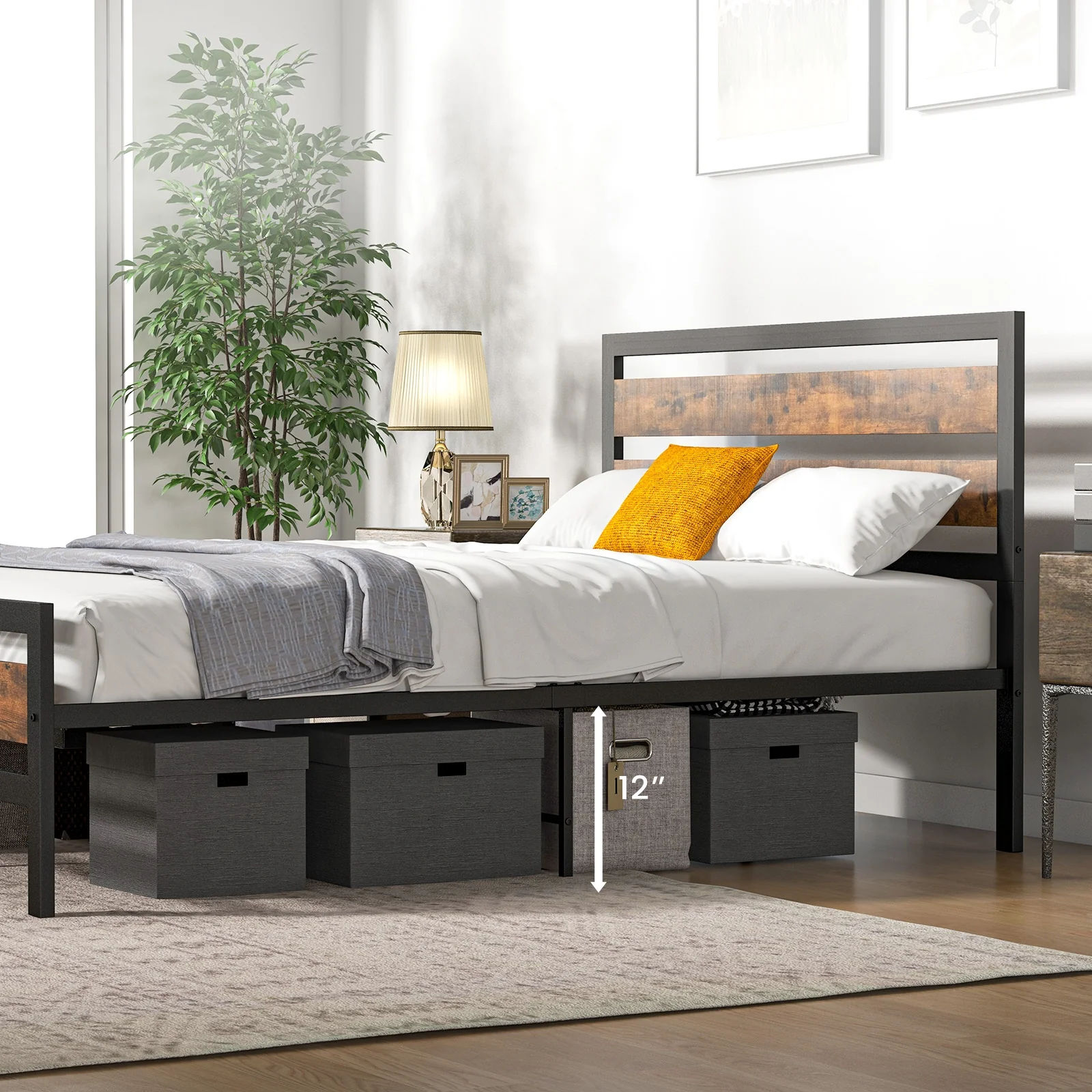 Industrial Bed Frame, Full Queen Size, Rustic Headboard Footboard, Brown - Image 3