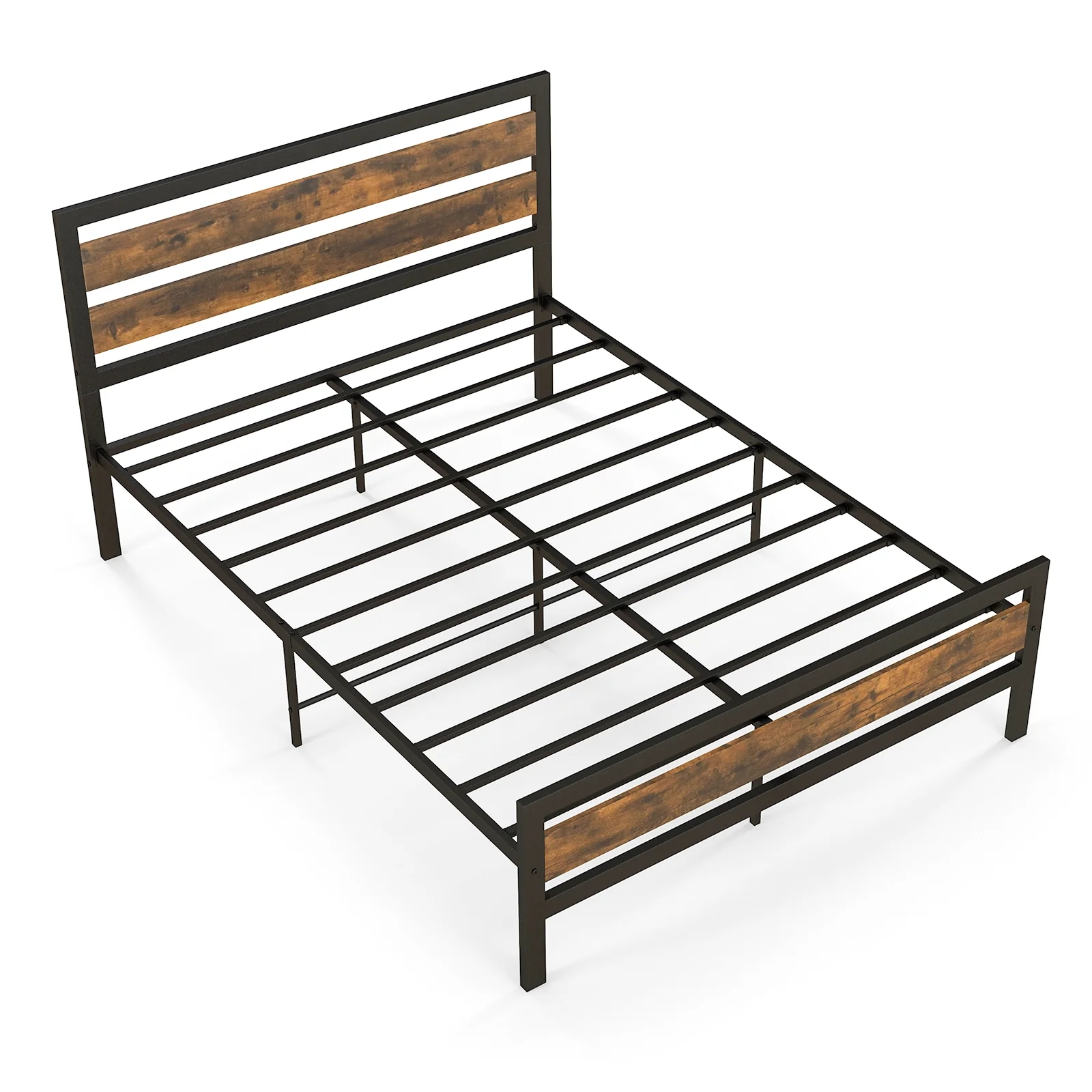Industrial Bed Frame, Full Queen Size, Rustic Headboard Footboard, Brown - Image 4