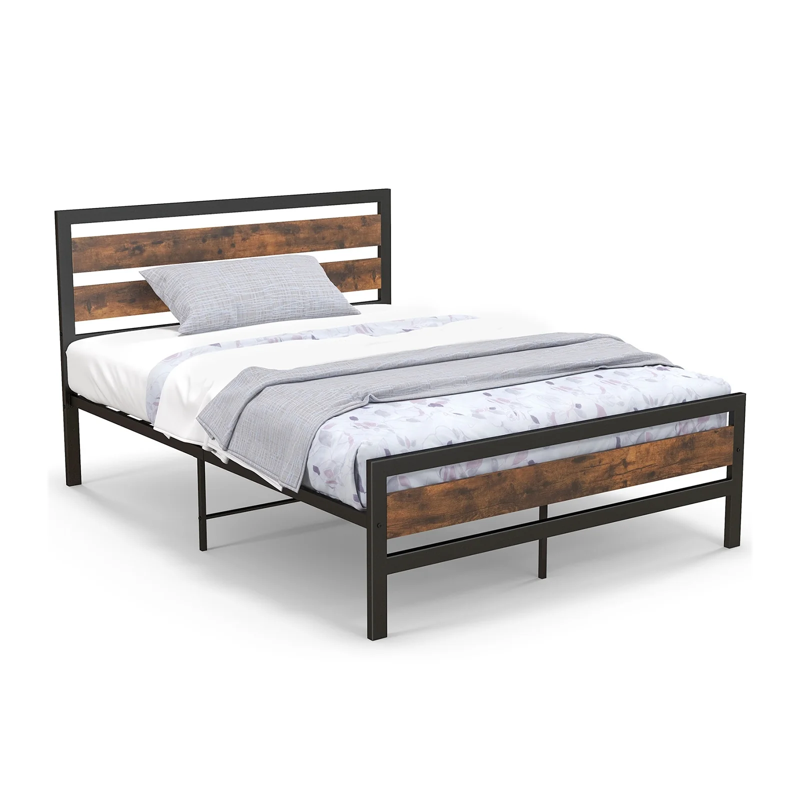 Industrial Bed Frame, Full Queen Size, Rustic Headboard Footboard, Brown - Image 5