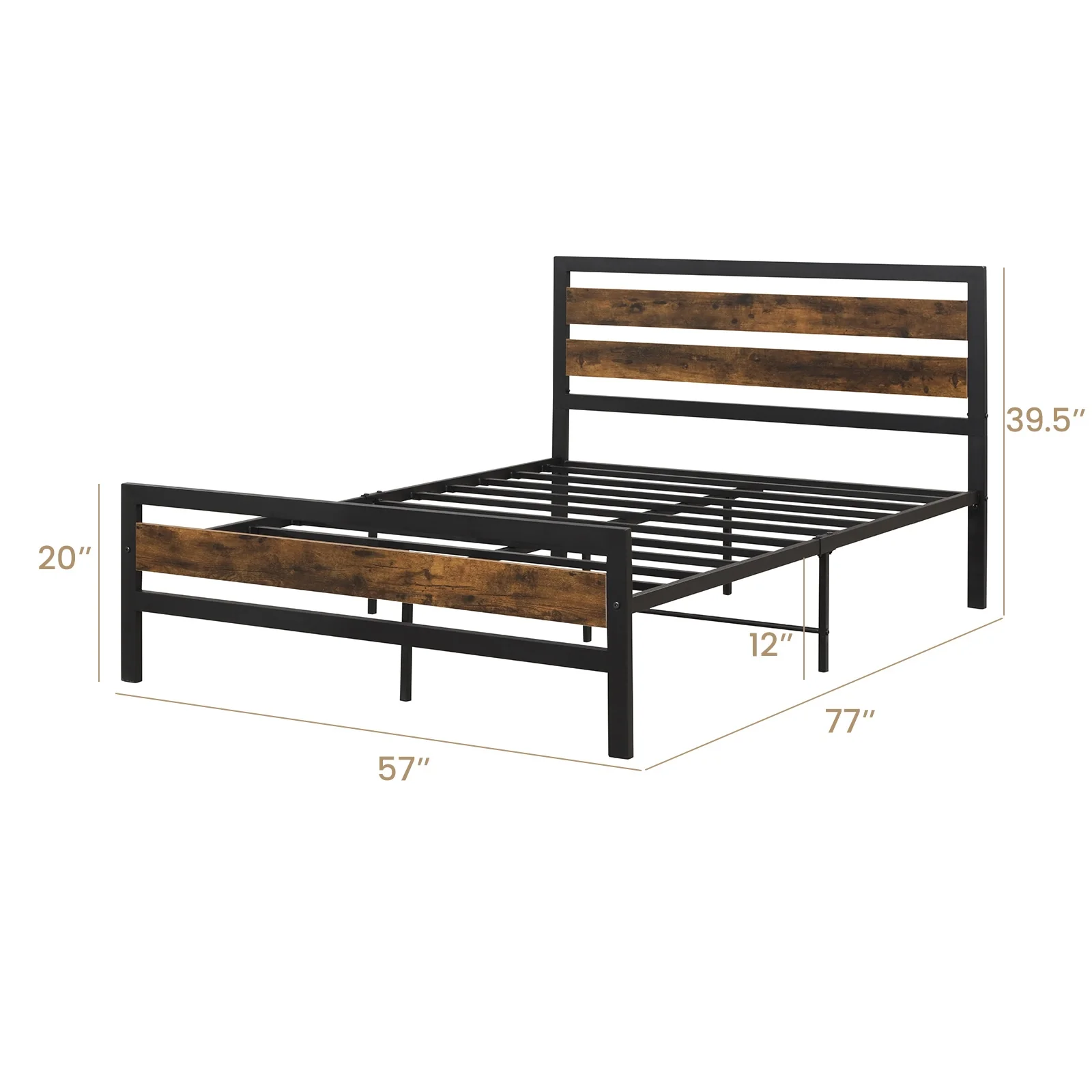 Industrial Bed Frame, Full Queen Size, Rustic Headboard Footboard, Brown - Image 6