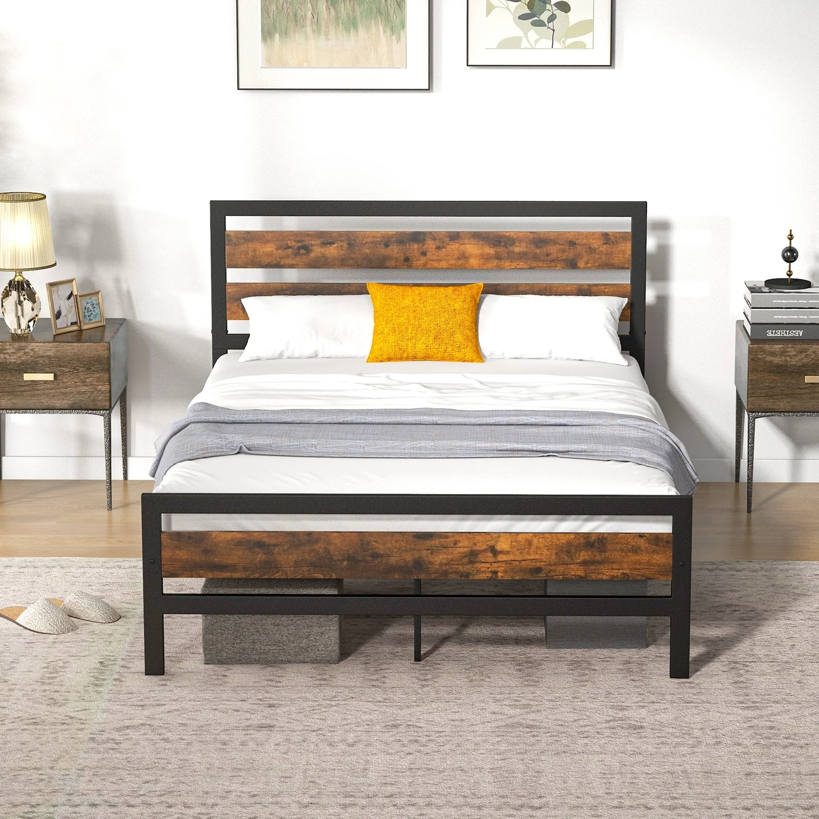 Industrial Bed Frame, Full Queen Size, Rustic Headboard Footboard, Brown - Image 7