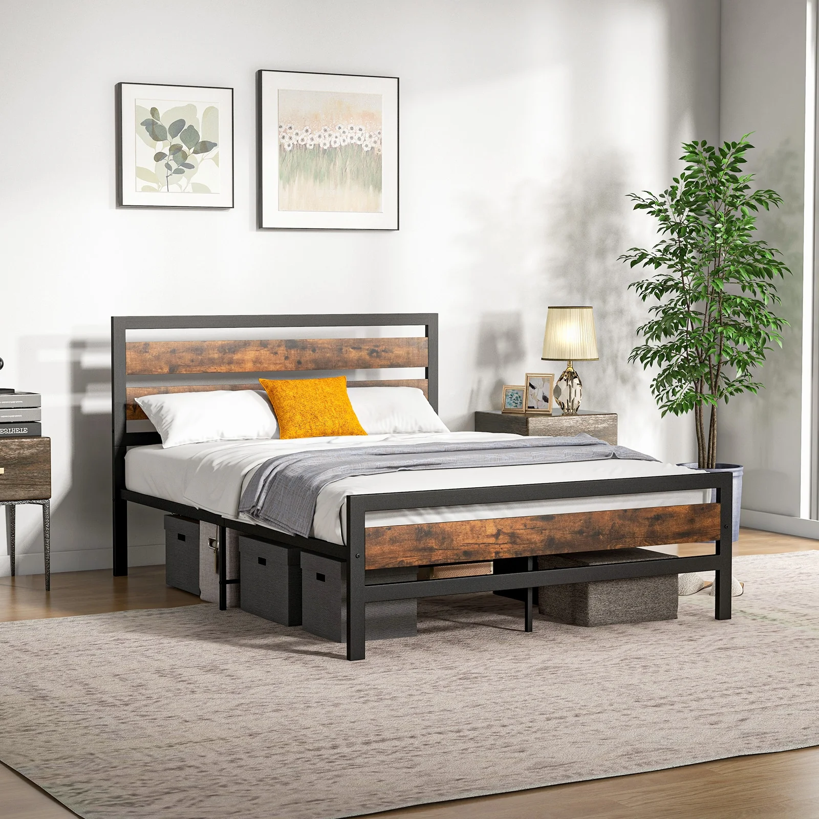 Industrial Bed Frame, Full Queen Size, Rustic Headboard Footboard, Brown - Image 8