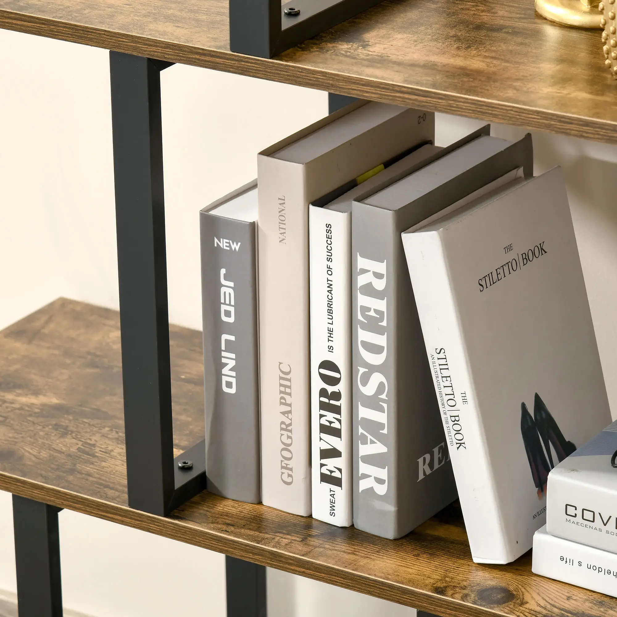 Industrial Bookcase, 5-Tier Wooden Ladder Shelf, Rustic Brown - Image 10