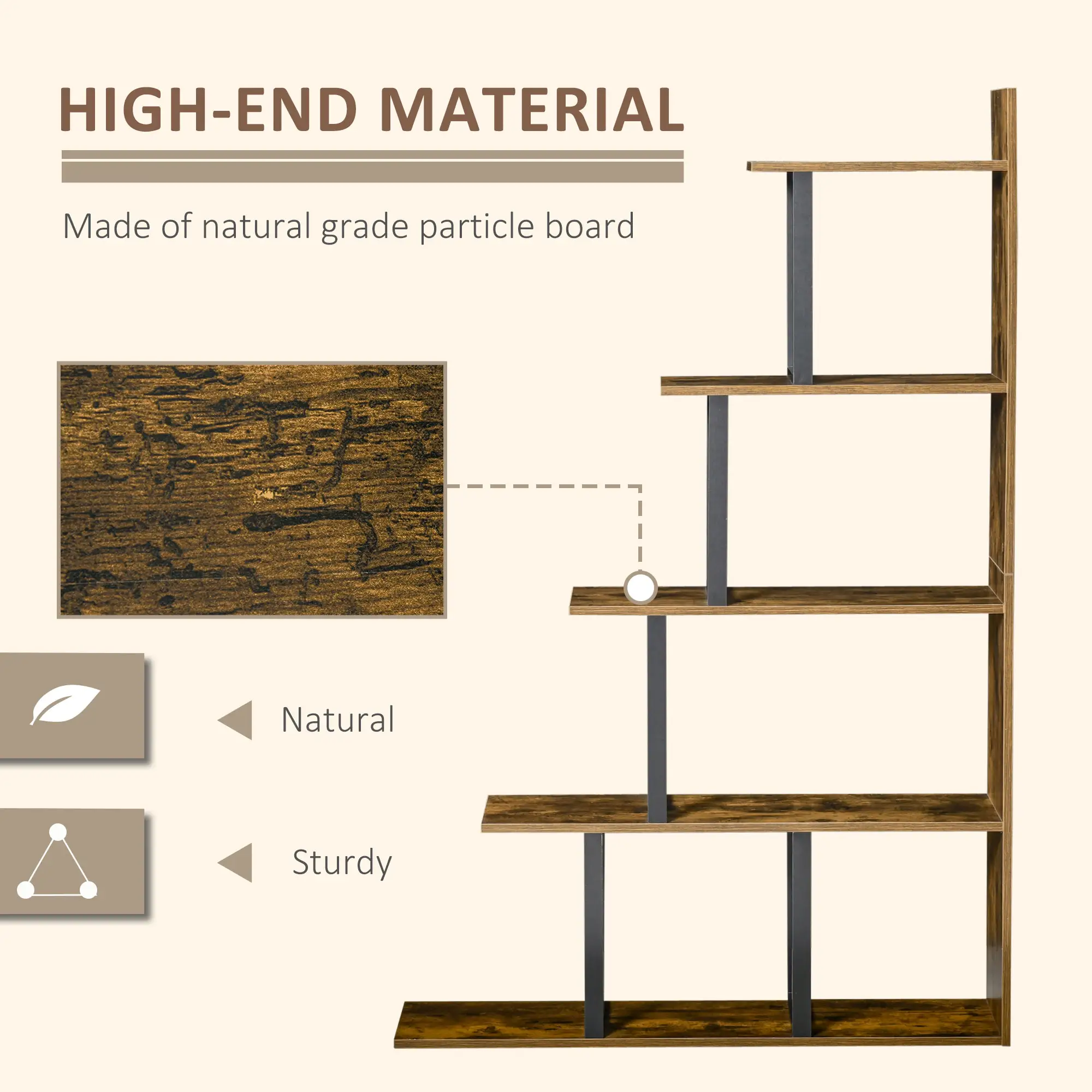 Industrial Bookcase, 5-Tier Wooden Ladder Shelf, Rustic Brown - Image 6