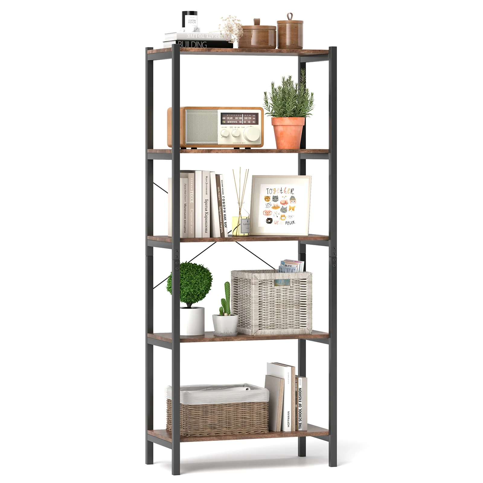 Industrial Bookcase Storage Shelf, Brown - Image 5