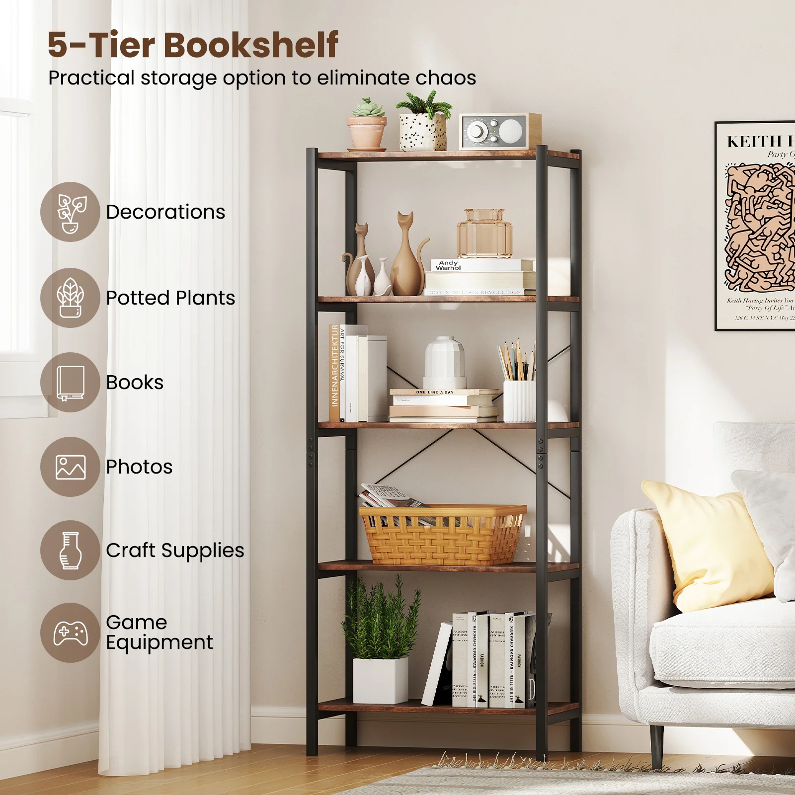 Industrial Bookcase Storage Shelf, Brown - Image 8