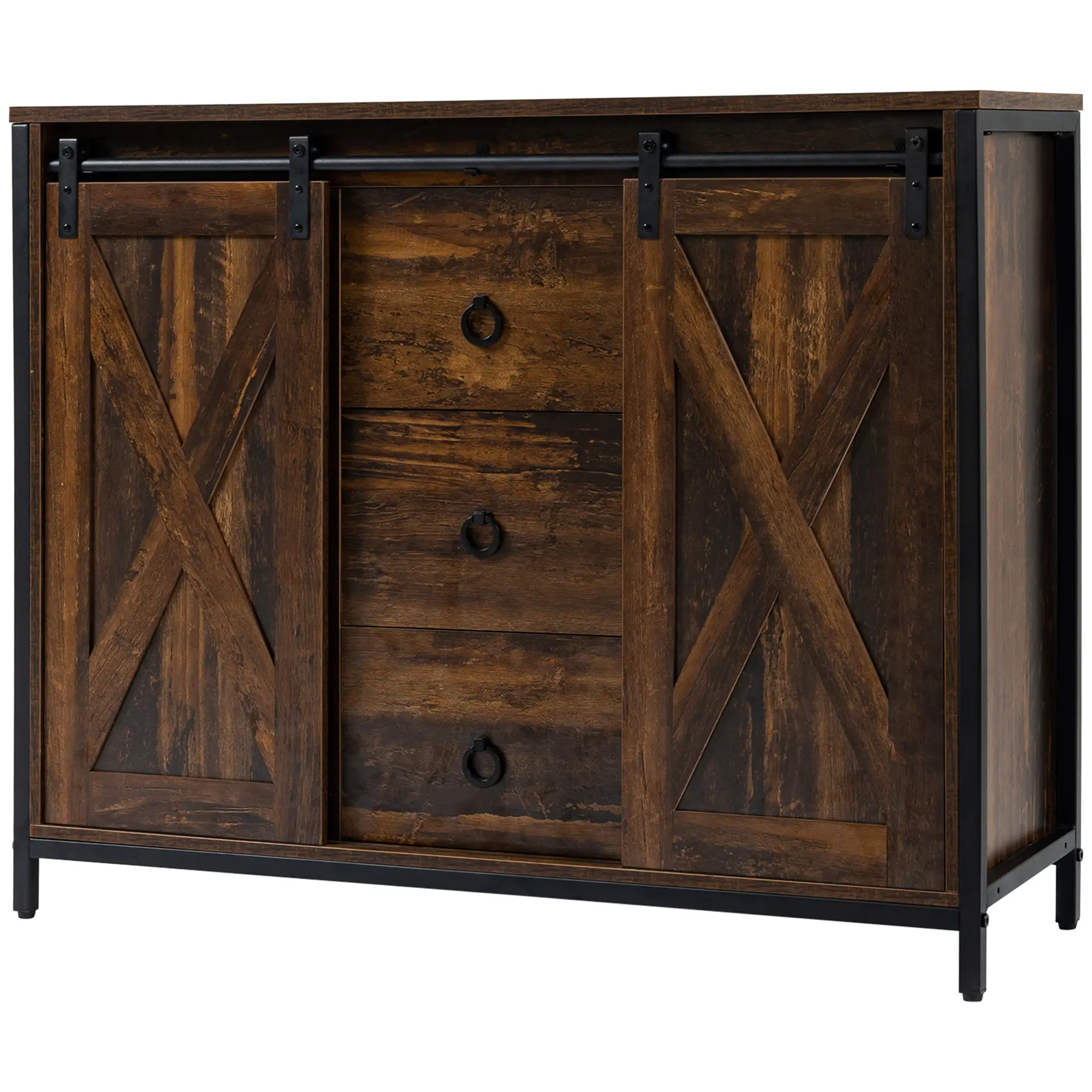 Industrial Buffet Cabinet, Kitchen Sideboard, Sliding Barn Doors, 3 Drawers, Adjustable Shelves, Rustic Brown, Brown - Image 11