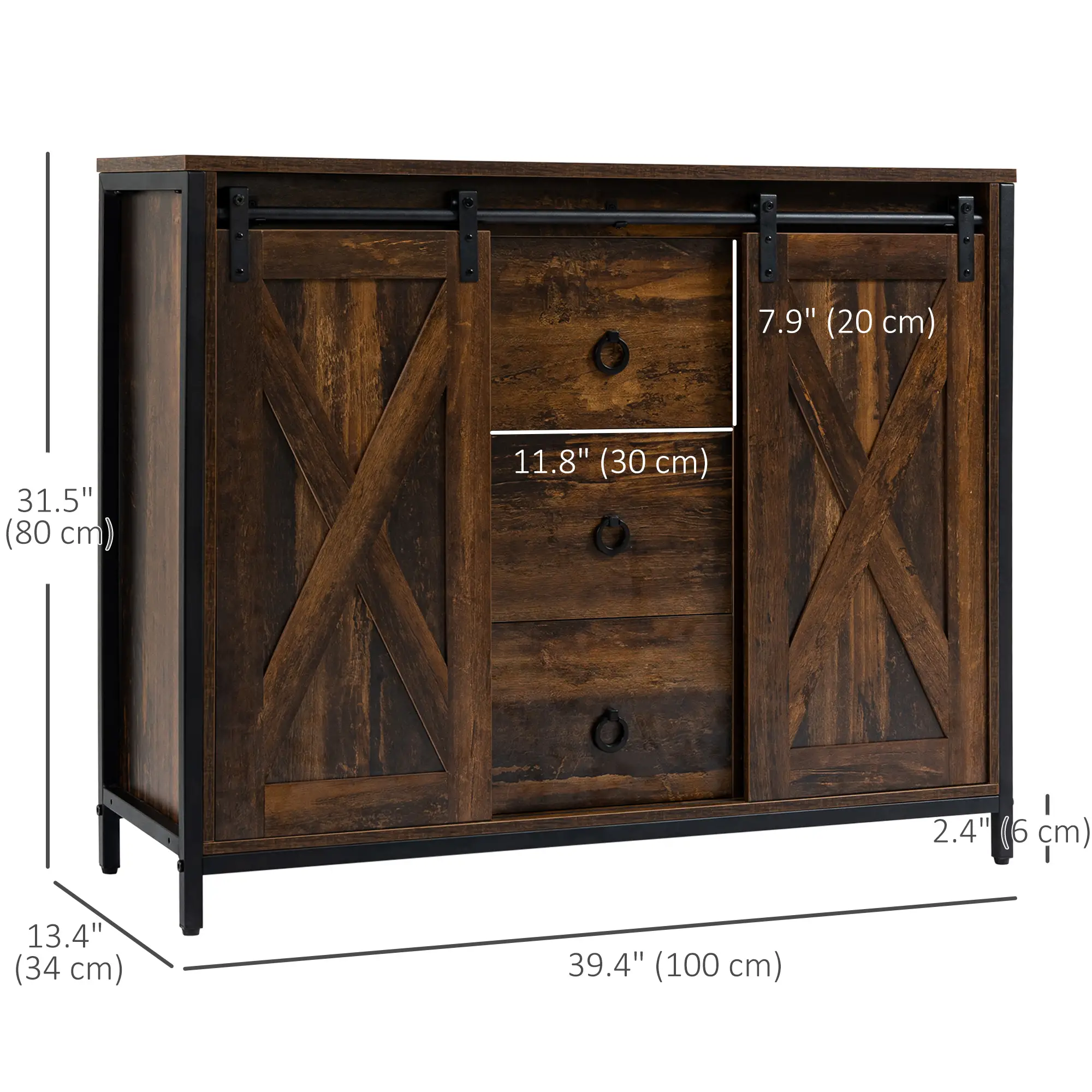 Industrial Buffet Cabinet, Kitchen Sideboard, Sliding Barn Doors, 3 Drawers, Adjustable Shelves, Rustic Brown, Brown - Image 3