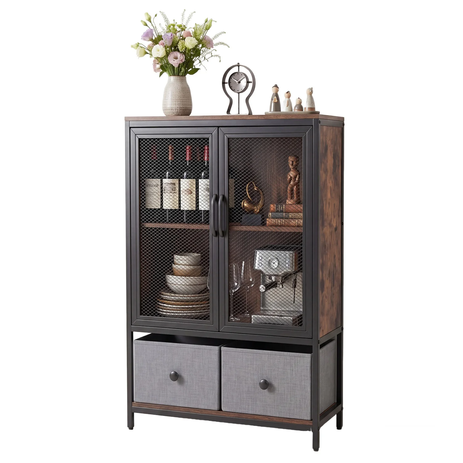 Industrial Coffee Bar Cabinet, 2-Tier Storage, Rustic Brown