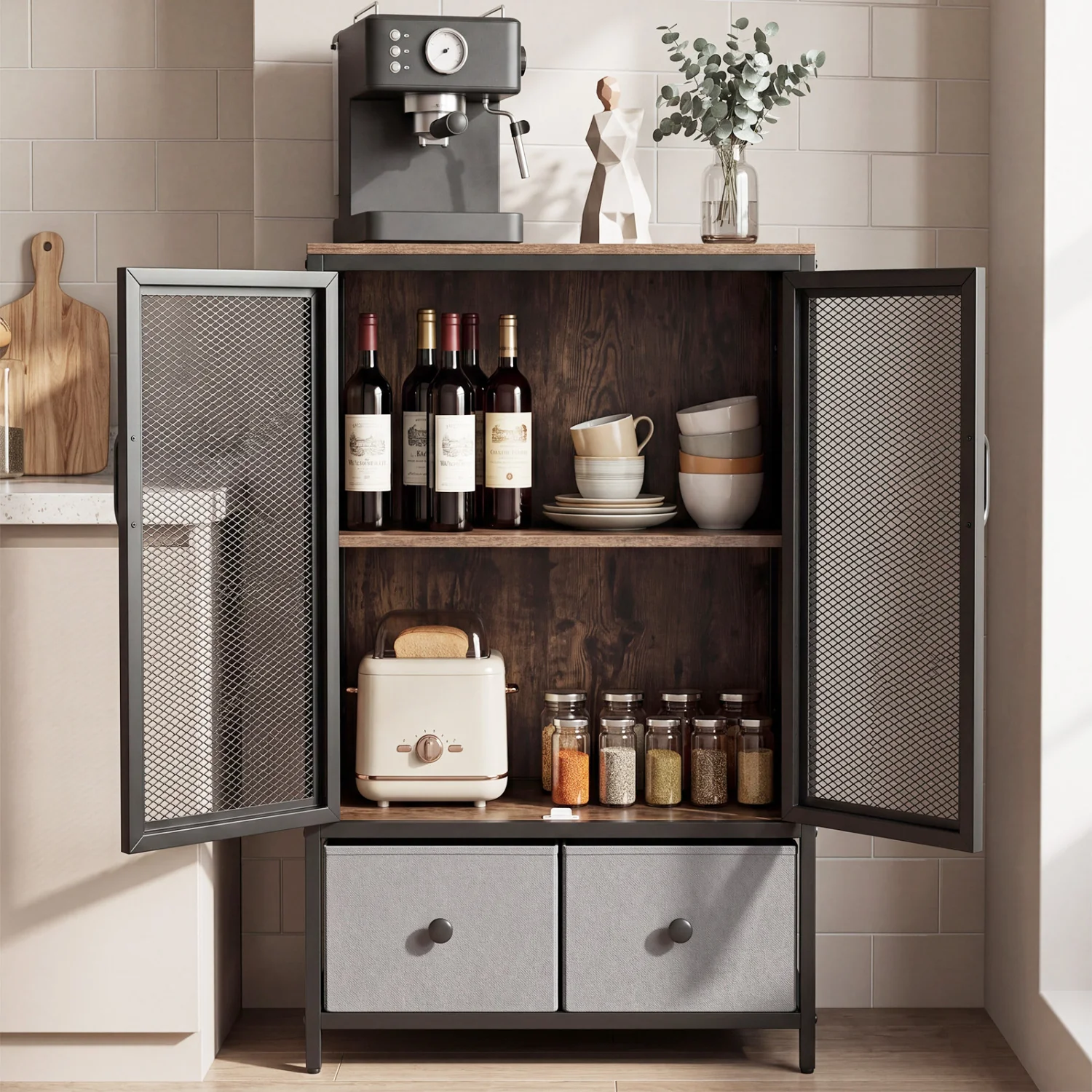 Industrial Coffee Bar Cabinet, 2-Tier Storage, Rustic Brown - Image 2