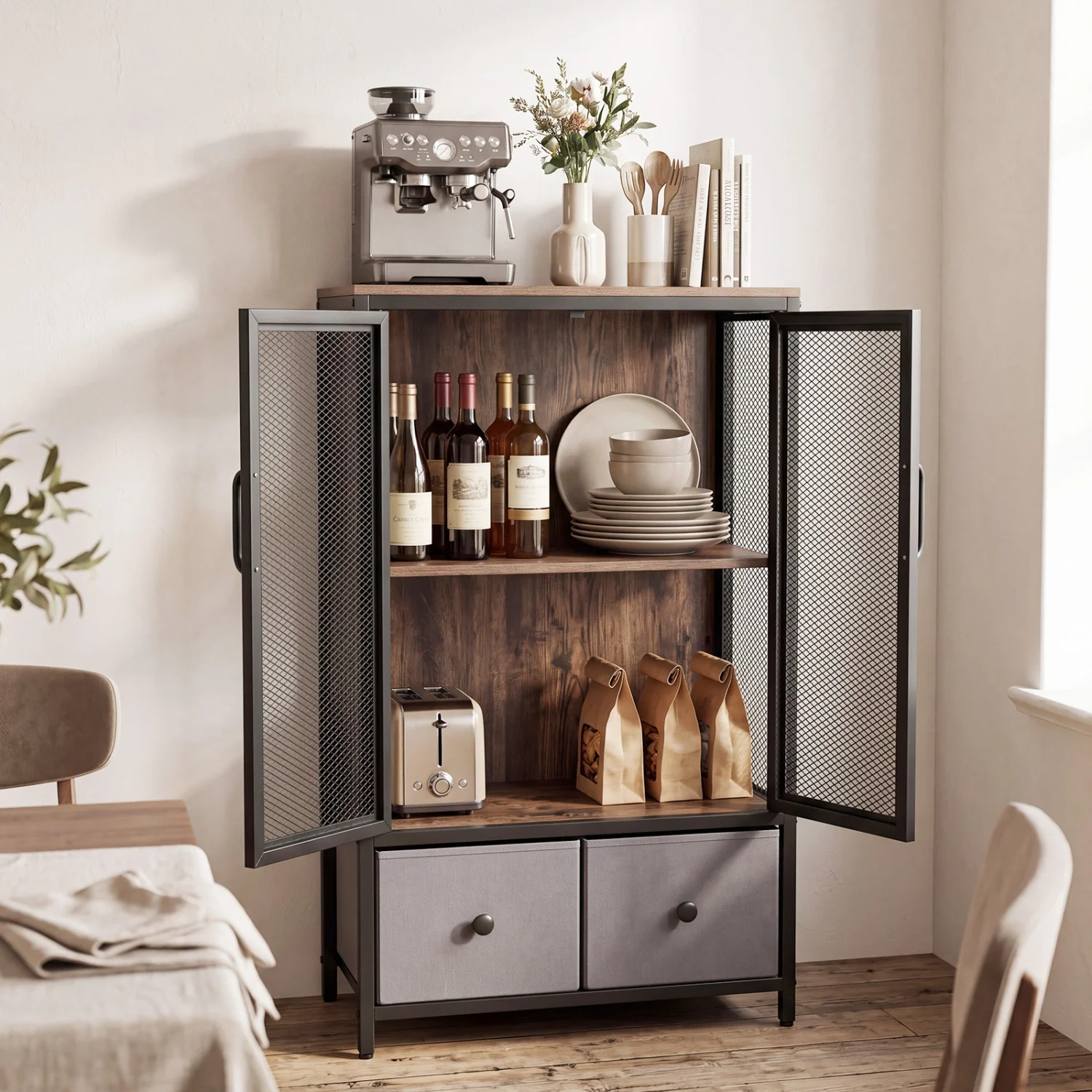 Industrial Coffee Bar Cabinet, 2-Tier Storage, Rustic Brown - Image 3