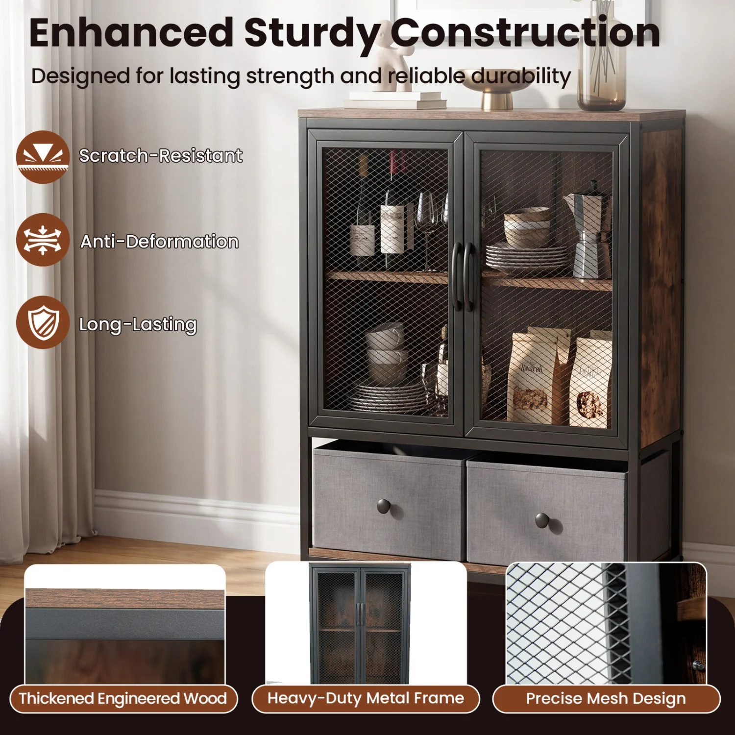 Industrial Coffee Bar Cabinet, 2-Tier Storage, Rustic Brown - Image 8