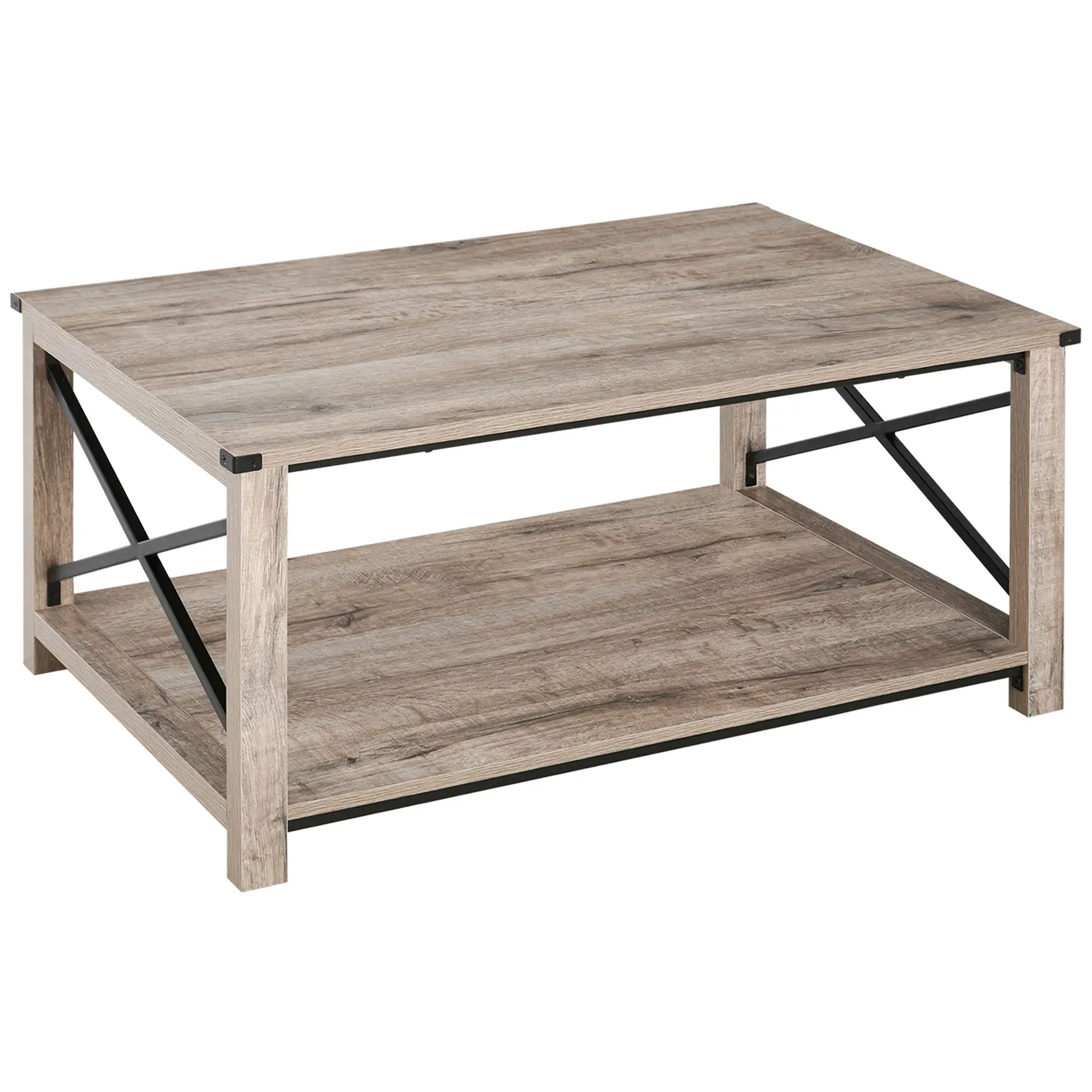 Industrial Coffee Table, Metal X-Bar, Storage Shelf, Living Room