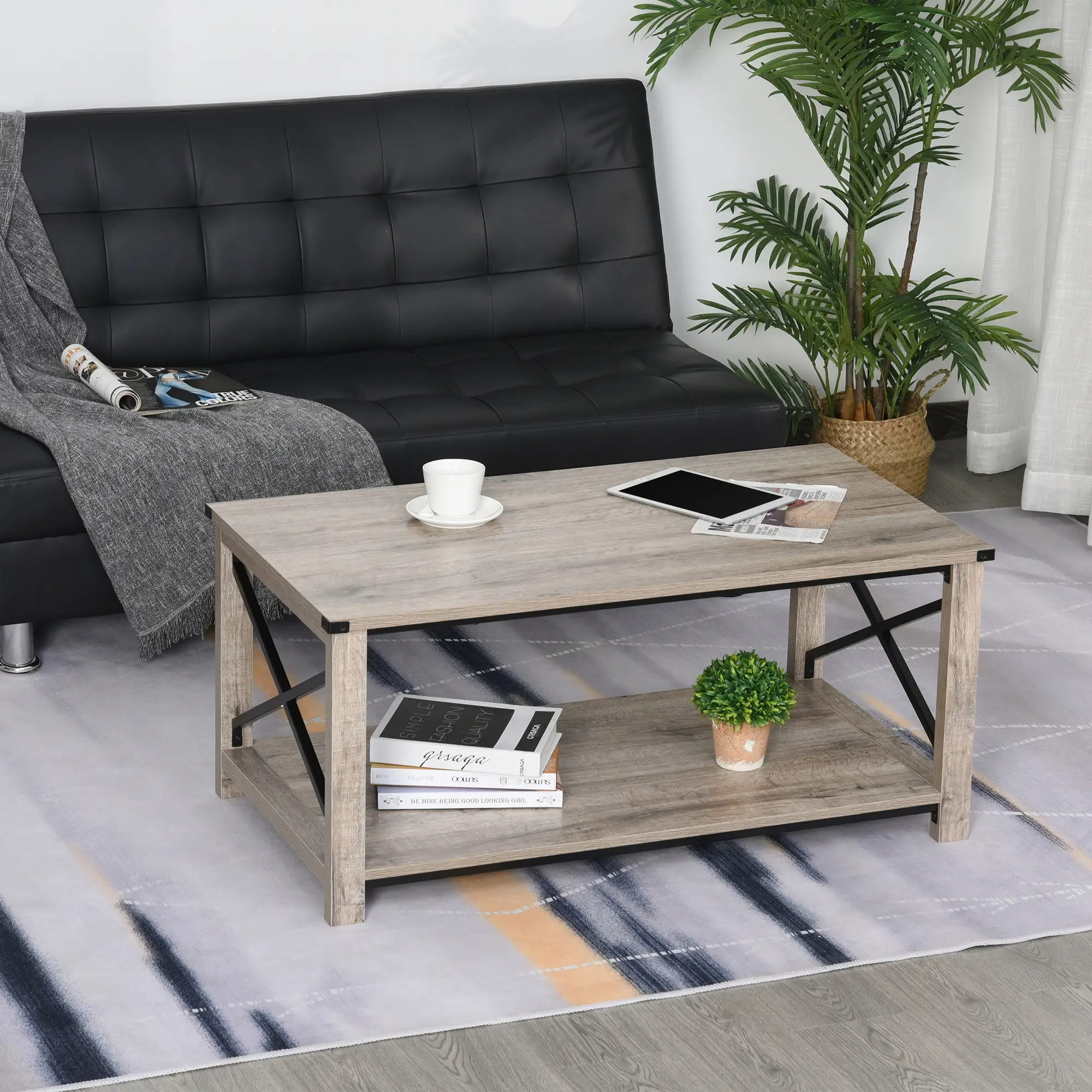 Industrial Coffee Table, Metal X-Bar, Storage Shelf, Living Room - Image 2