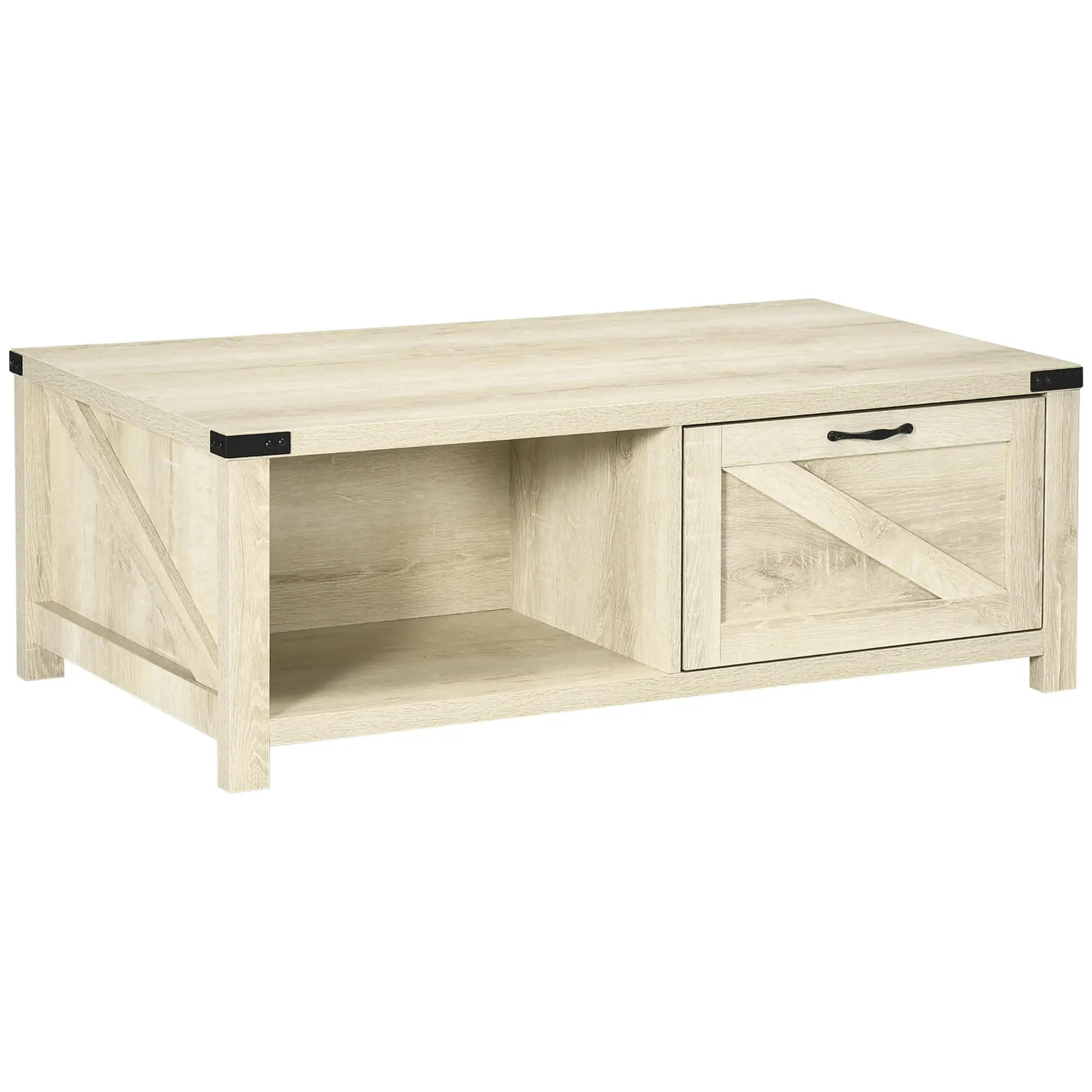 Industrial Coffee Table with Drawer, Open Shelf, White Oak, White