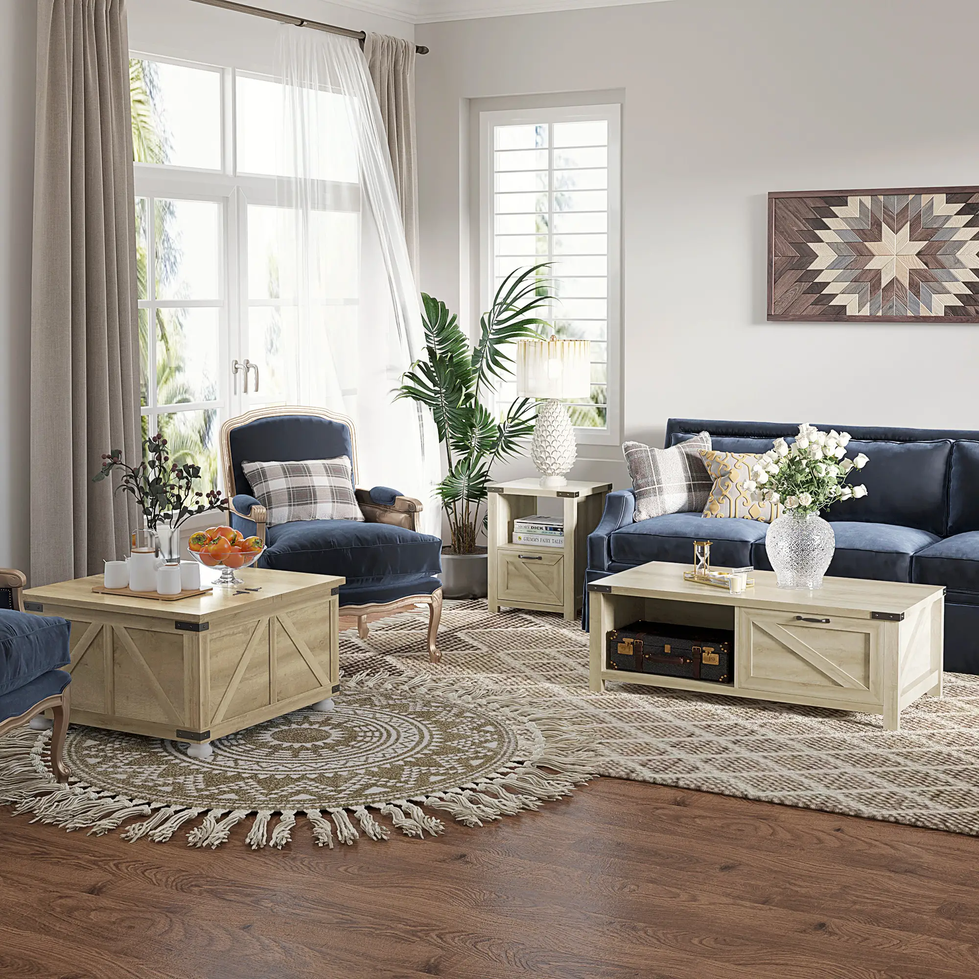 Industrial Coffee Table with Drawer, Open Shelf, White Oak, White - Image 10