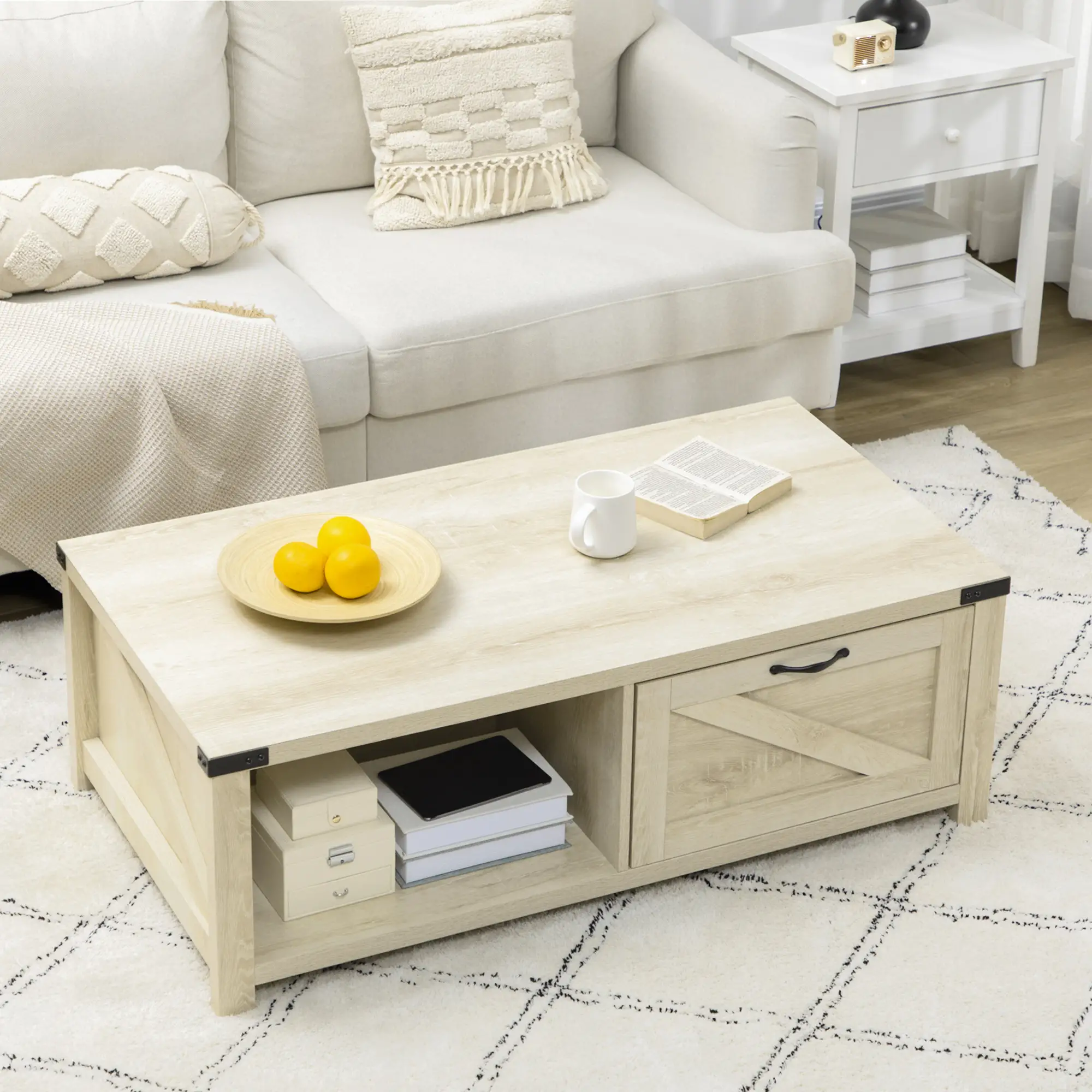 Industrial Coffee Table with Drawer, Open Shelf, White Oak, White - Image 11