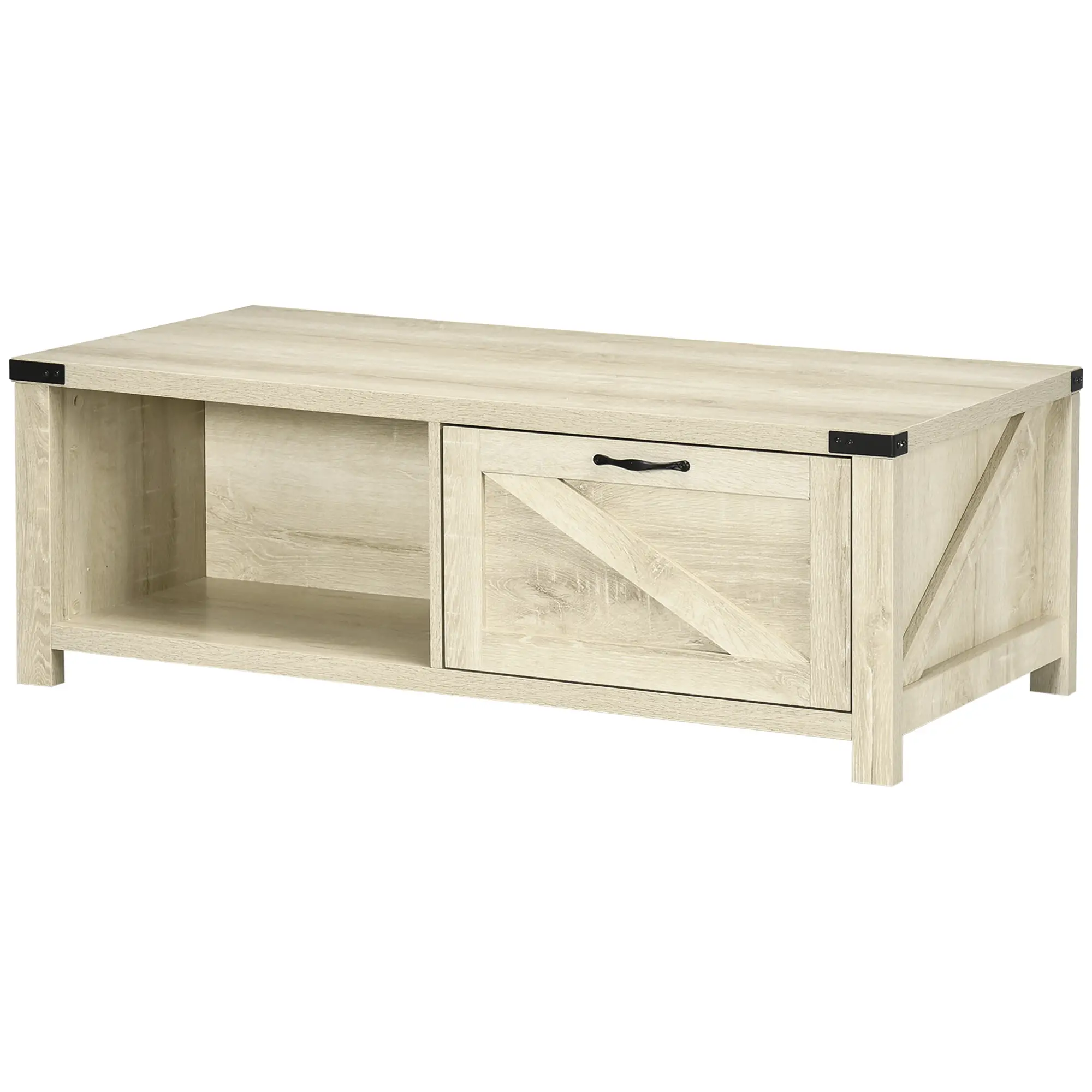 Industrial Coffee Table with Drawer, Open Shelf, White Oak, White - Image 12