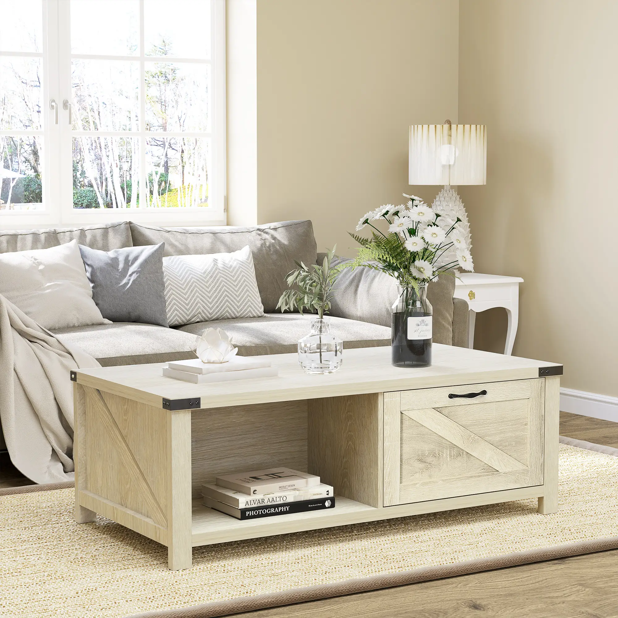 Industrial Coffee Table with Drawer, Open Shelf, White Oak, White - Image 2