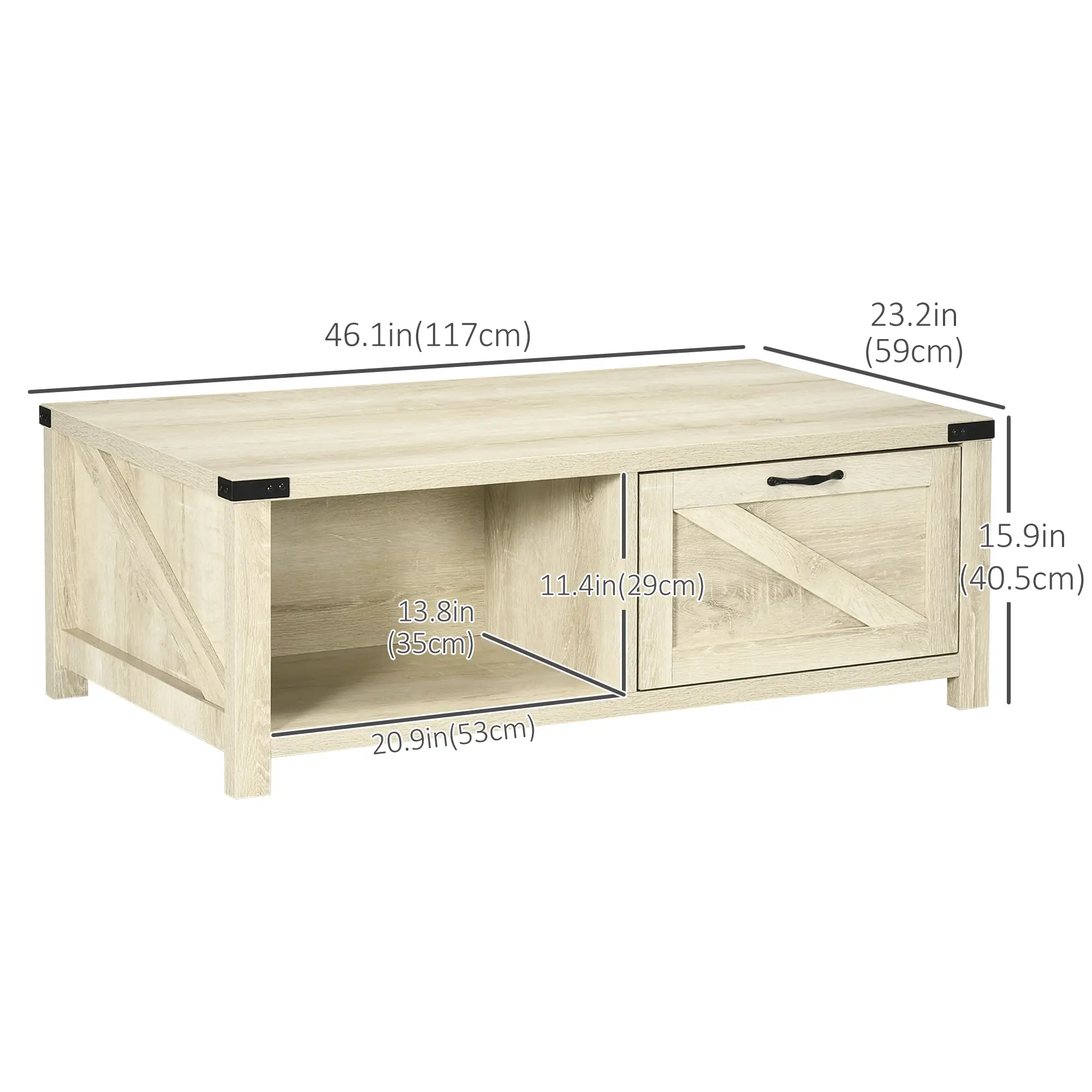 Industrial Coffee Table with Drawer, Open Shelf, White Oak, White - Image 3