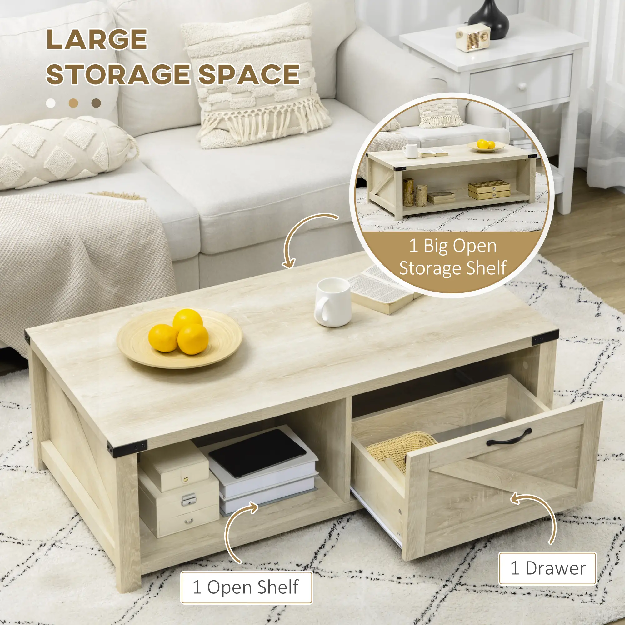 Industrial Coffee Table with Drawer, Open Shelf, White Oak, White - Image 4