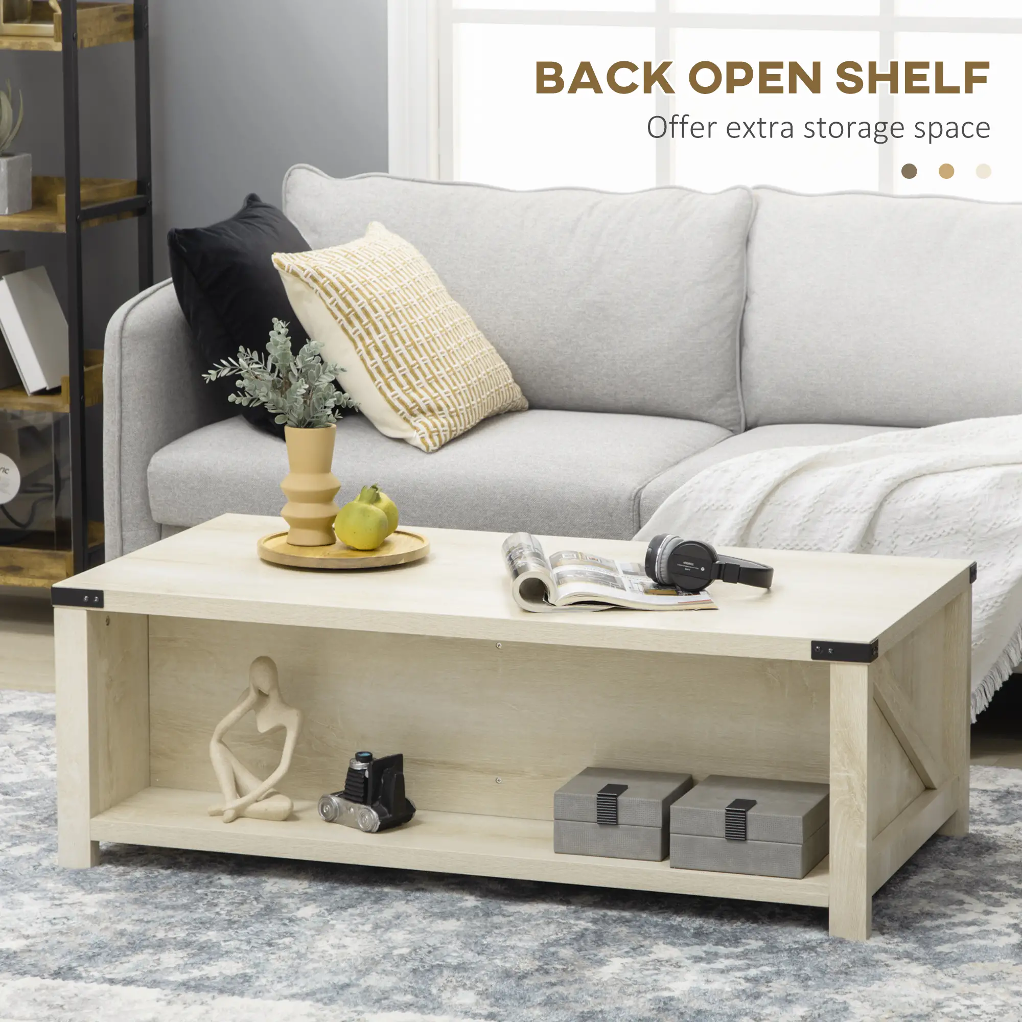 Industrial Coffee Table with Drawer, Open Shelf, White Oak, White - Image 5