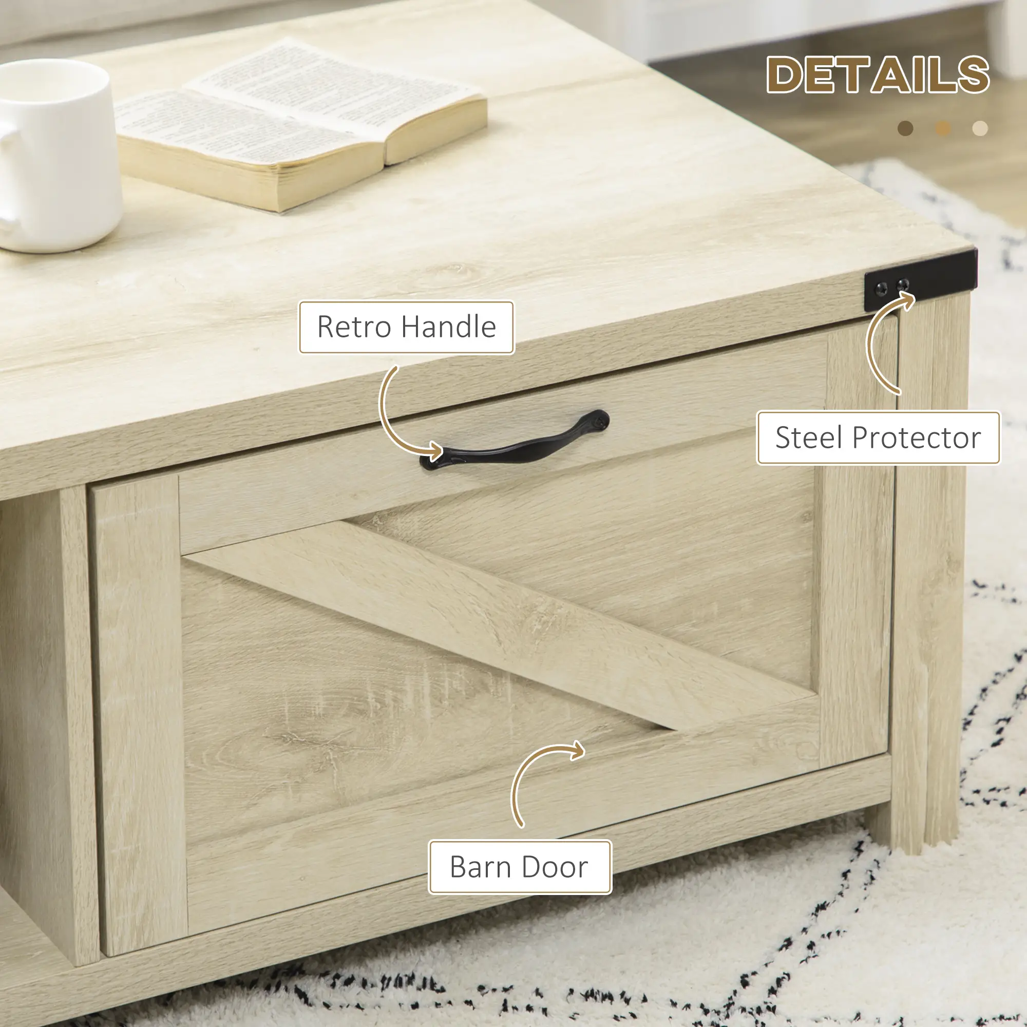 Industrial Coffee Table with Drawer, Open Shelf, White Oak, White - Image 6