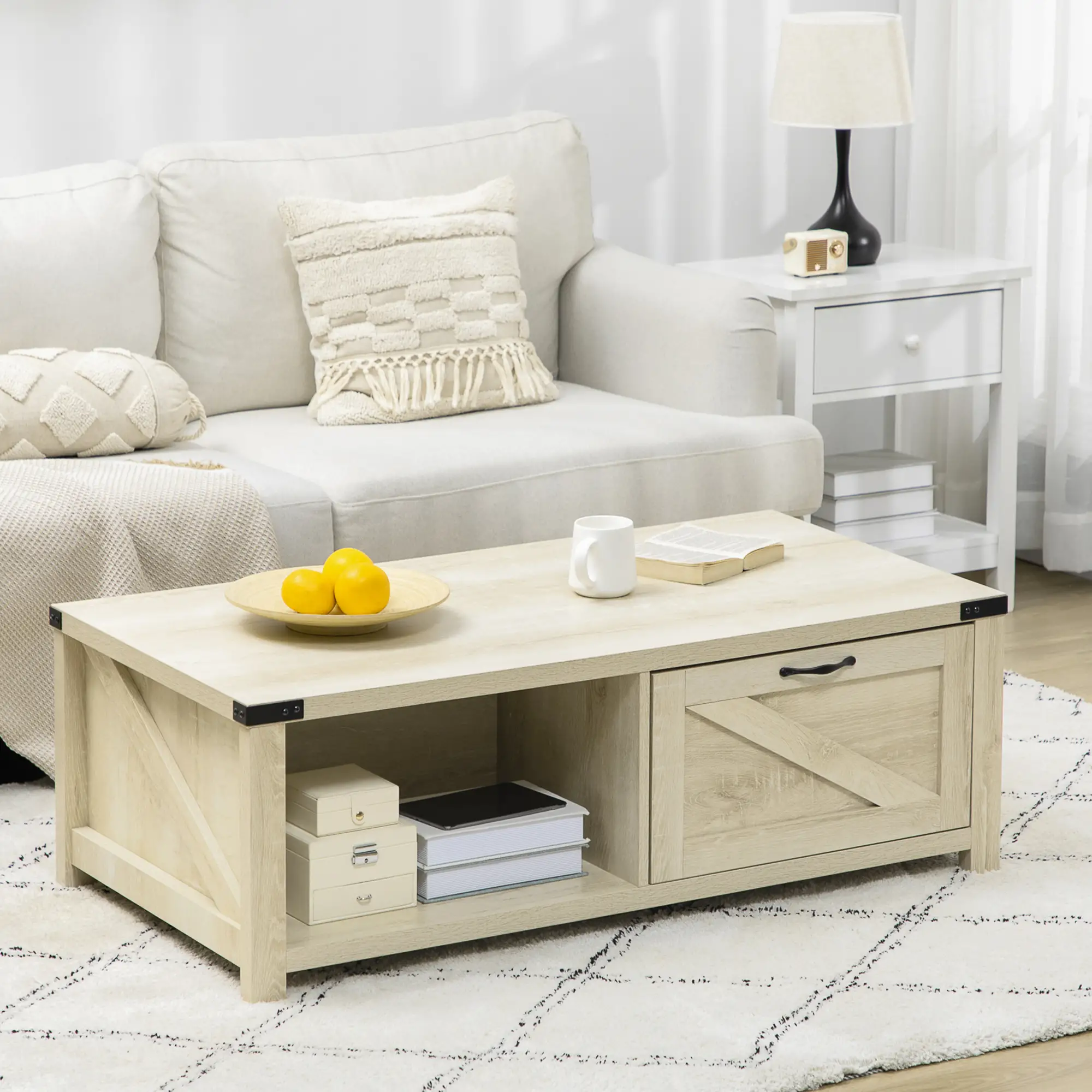 Industrial Coffee Table with Drawer, Open Shelf, White Oak, White - Image 7