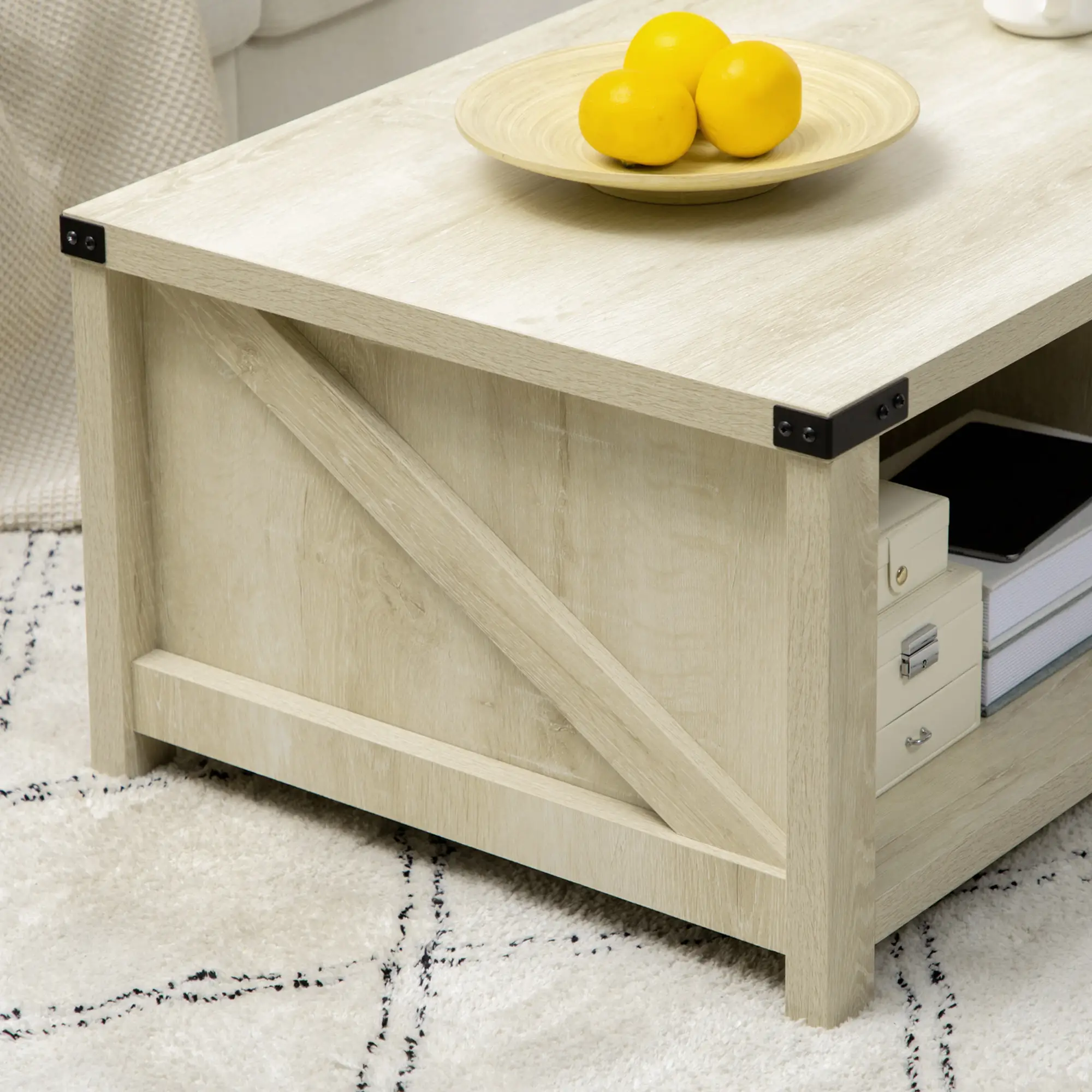 Industrial Coffee Table with Drawer, Open Shelf, White Oak, White - Image 9