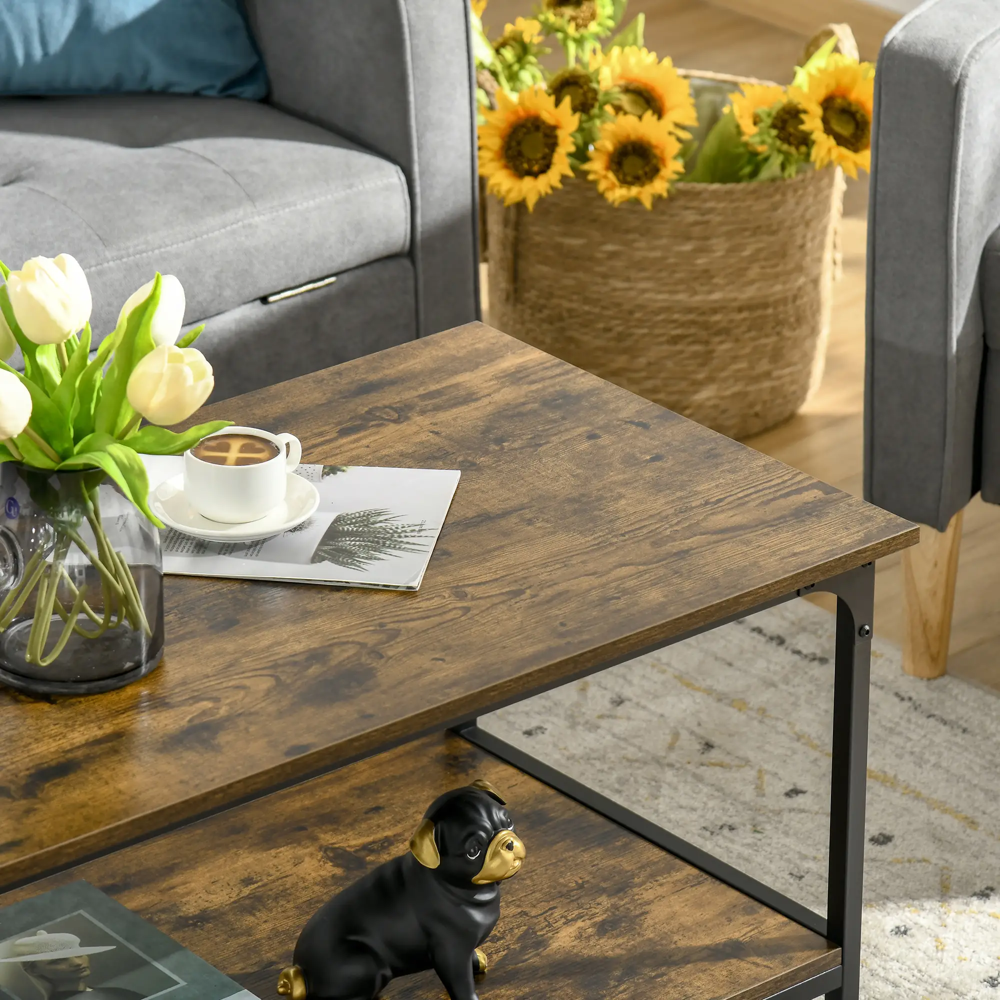 Industrial Coffee Table with Storage Shelf, 2-Tier, Rustic Brown - Image 10