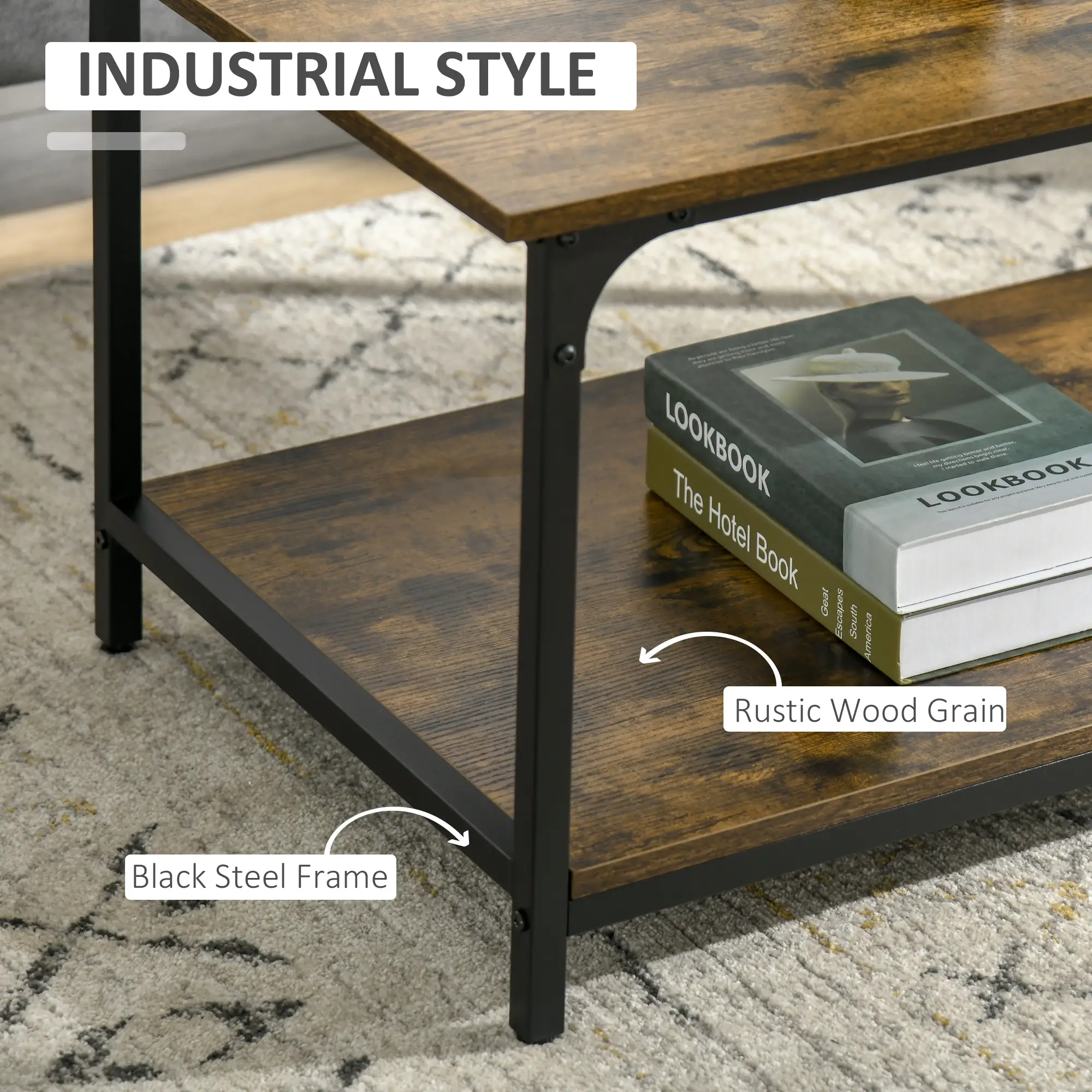 Industrial Coffee Table with Storage Shelf, 2-Tier, Rustic Brown - Image 4