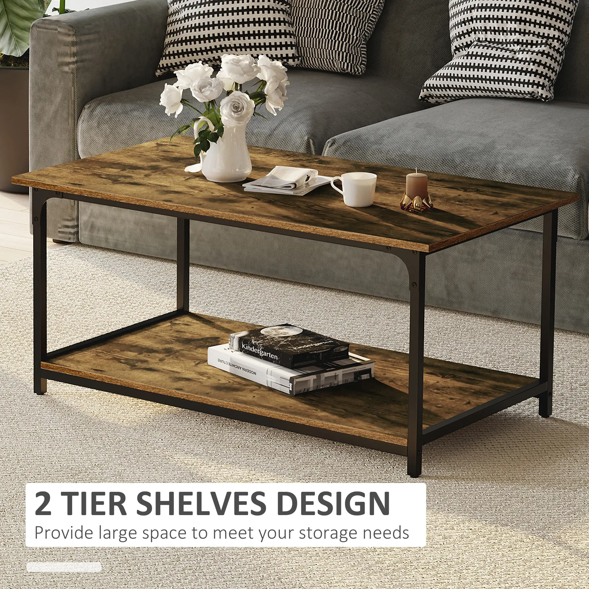 Industrial Coffee Table with Storage Shelf, 2-Tier, Rustic Brown - Image 5