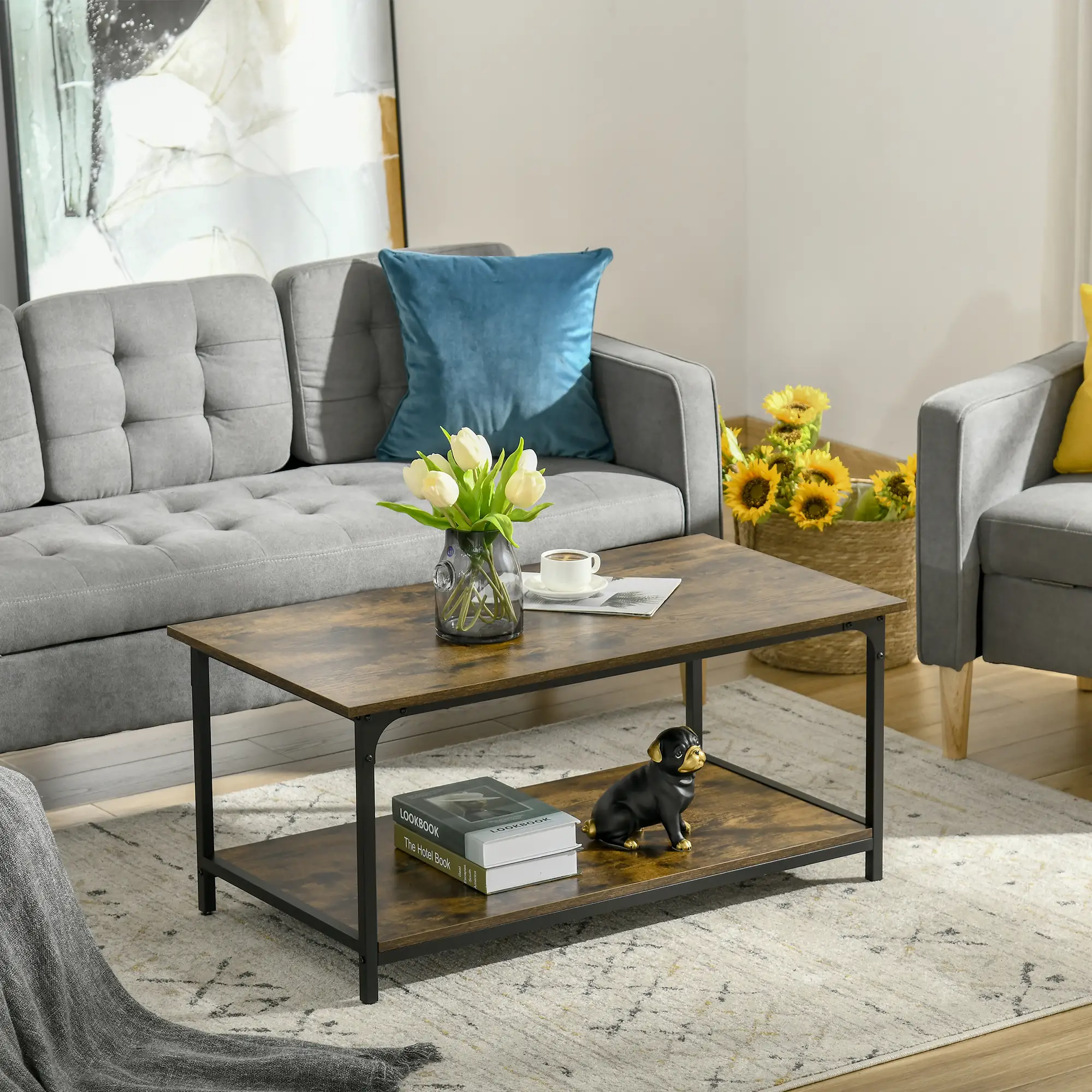 Industrial Coffee Table with Storage Shelf, 2-Tier, Rustic Brown - Image 7