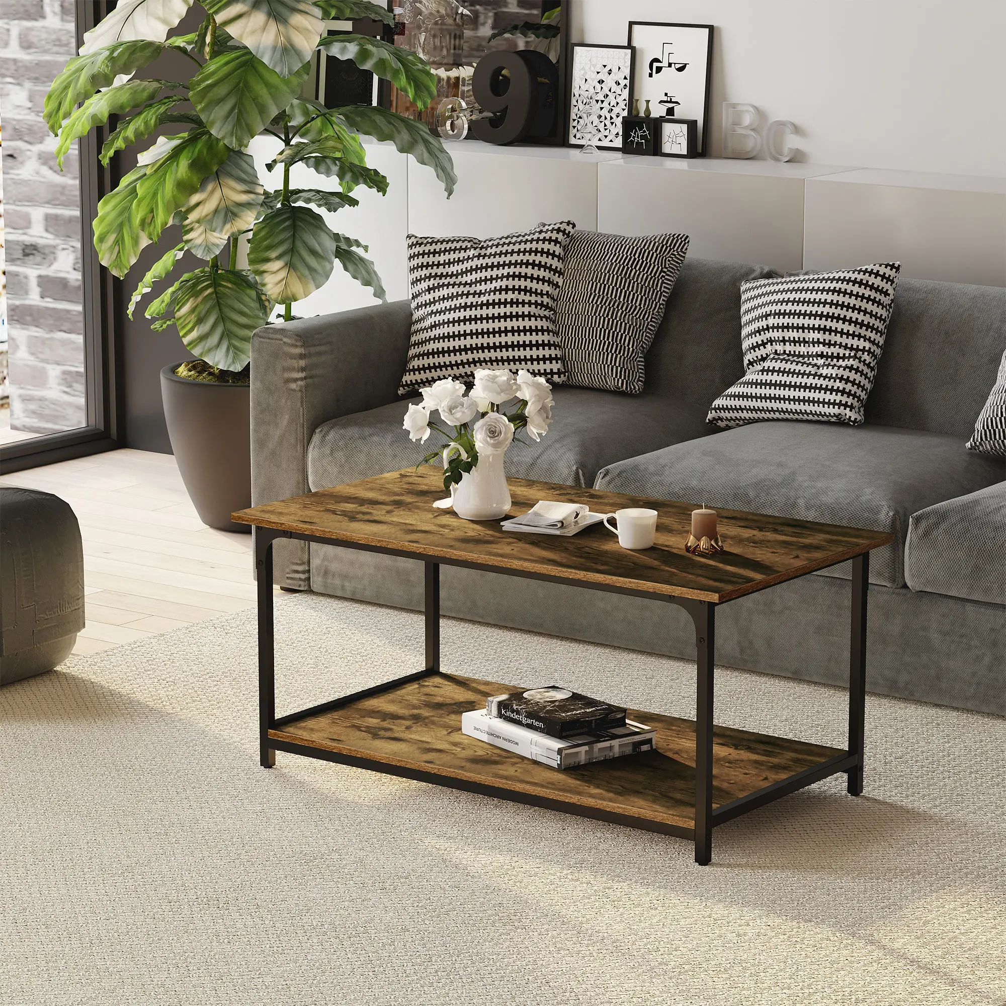 Industrial Coffee Table with Storage Shelf, 2-Tier, Rustic Brown - Image 8