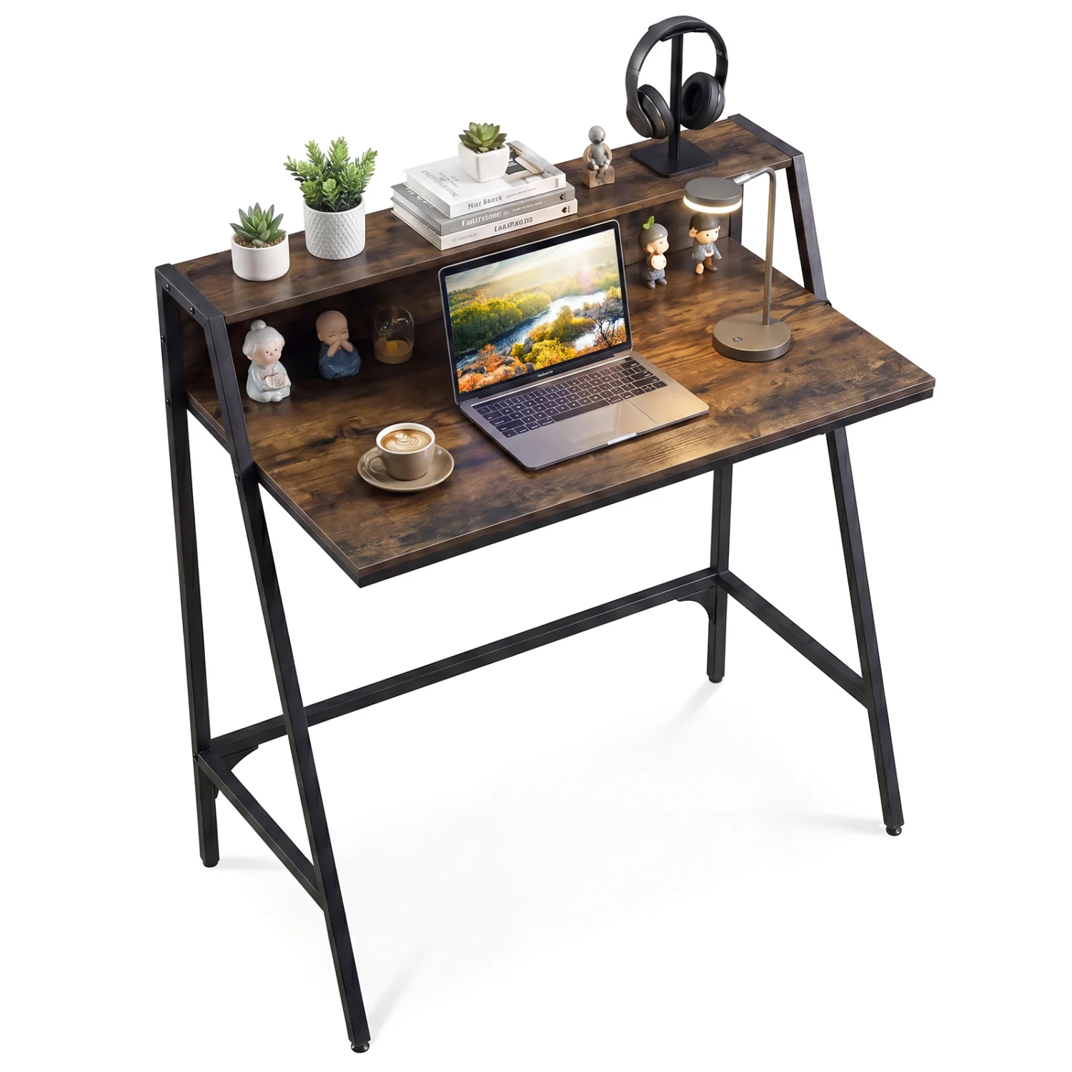 Industrial Desk With Raised Shelf, 31.5", Rustic Brown