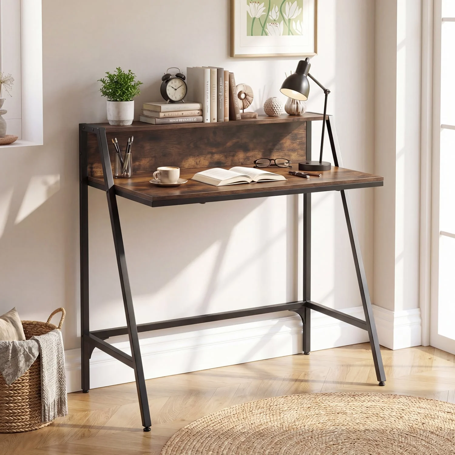 Industrial Desk With Raised Shelf, 31.5", Rustic Brown - Image 2