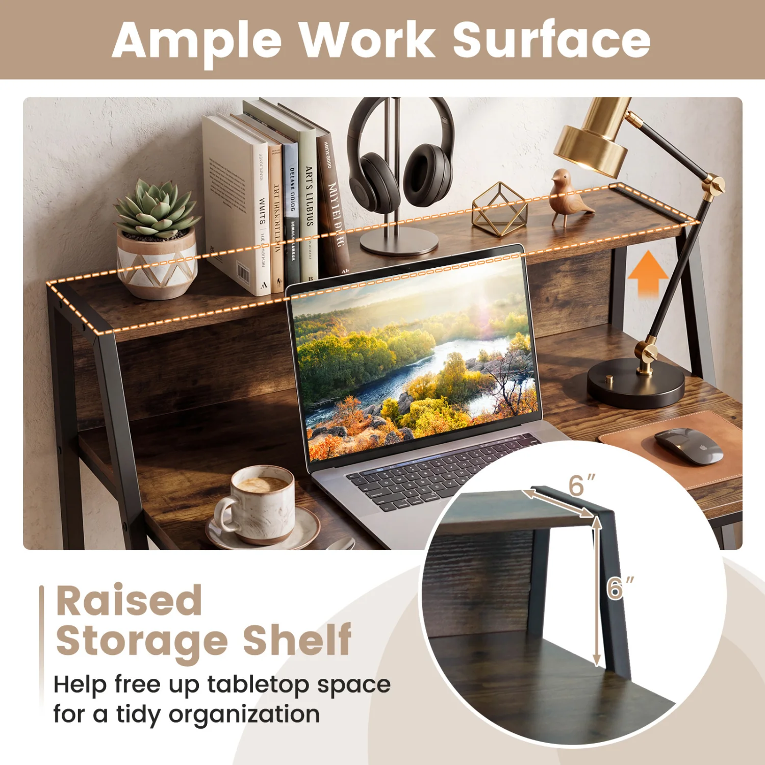 Industrial Desk With Raised Shelf, 31.5", Rustic Brown - Image 6