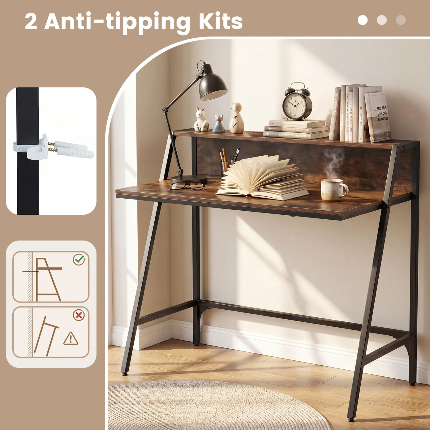 Industrial Desk With Raised Shelf, 31.5", Rustic Brown - Image 8