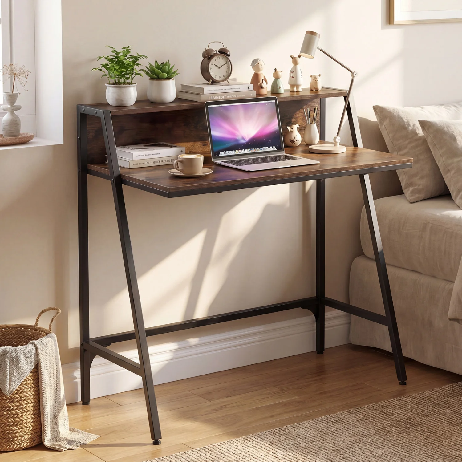 Industrial Desk With Raised Shelf, 31.5", Rustic Brown - Image 9
