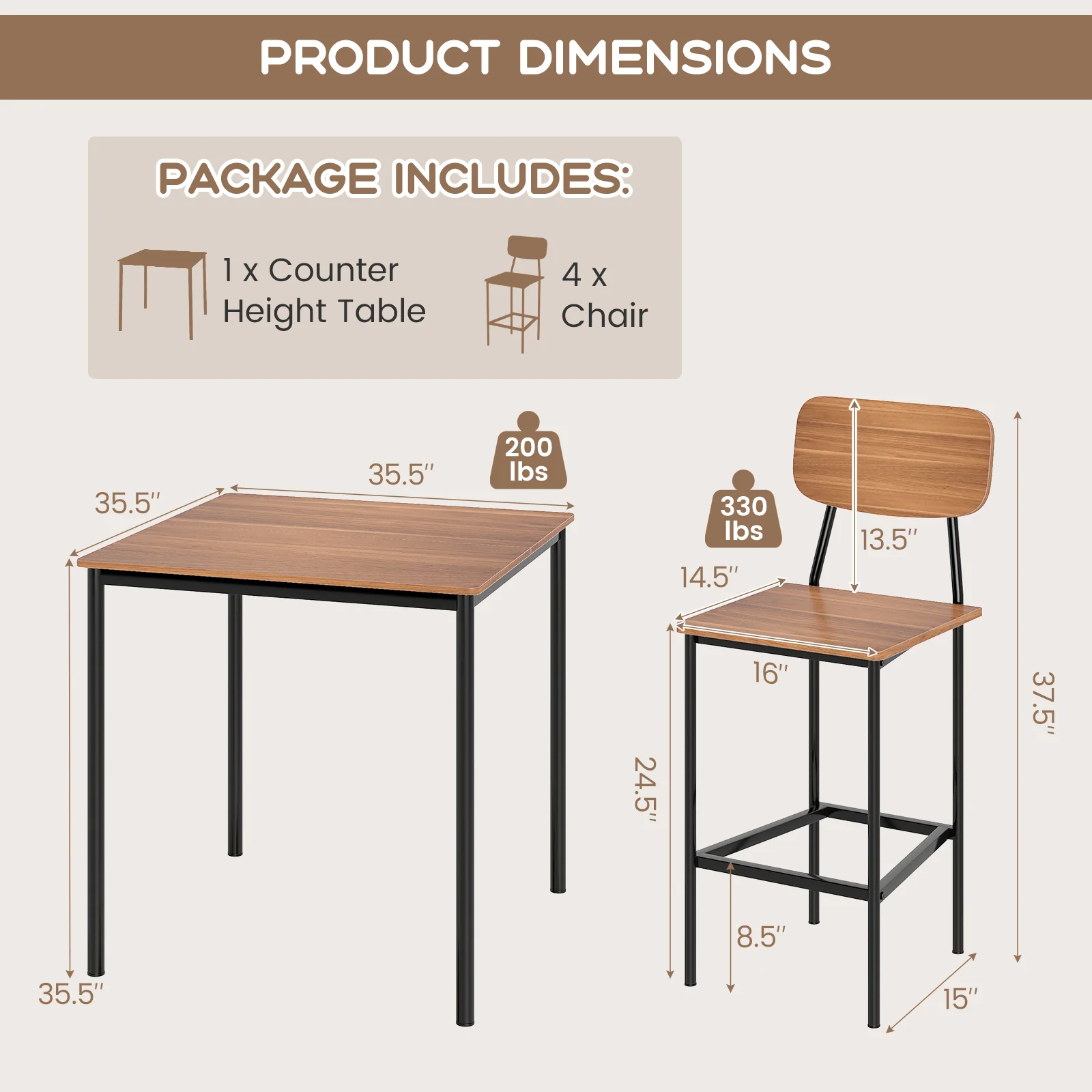 Industrial Dining Table Set, 5-Piece, Counter Height, Teak - Image 6